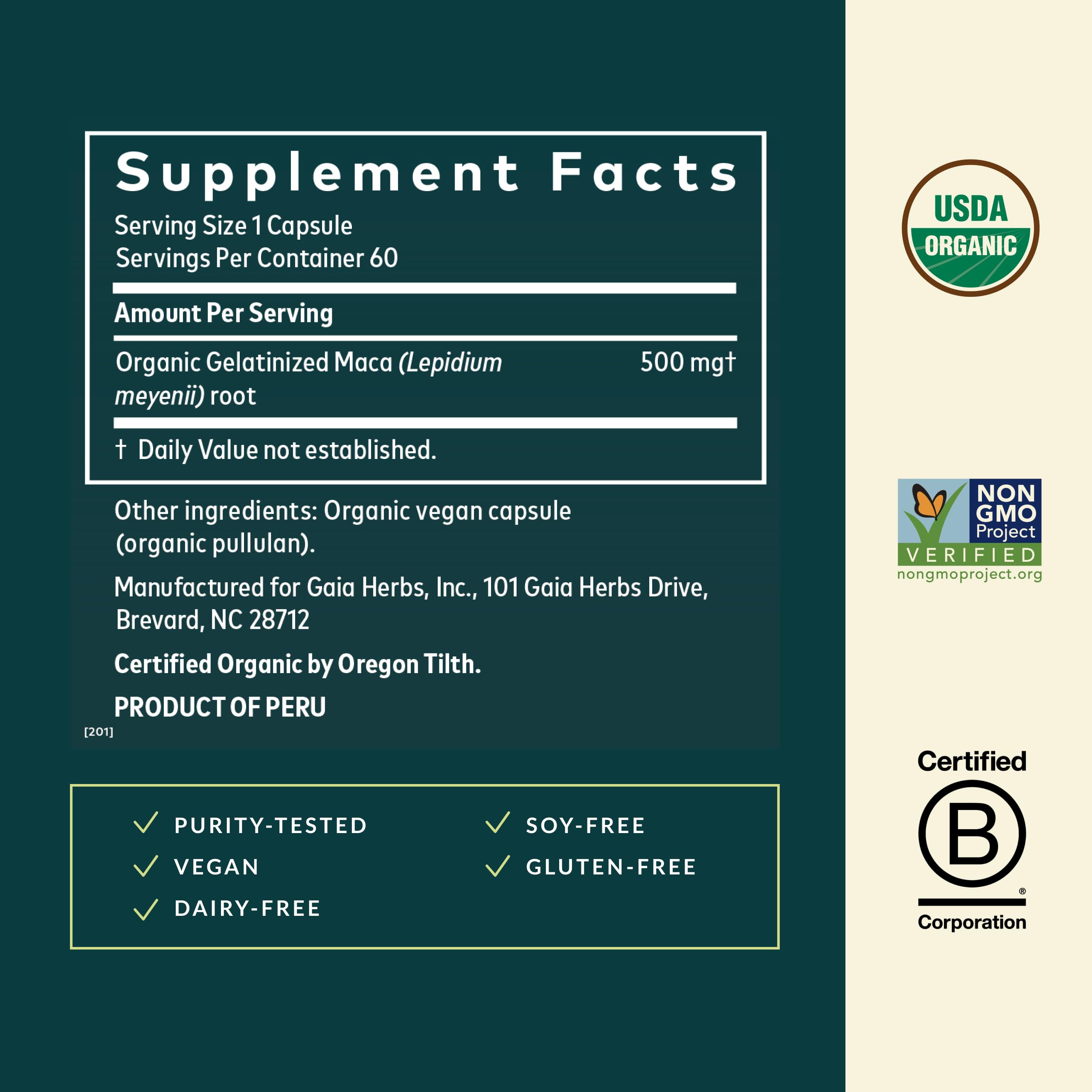 Gaia Herbs Maca Root, toma de cápsulas para ritmo energético sin cafeína.