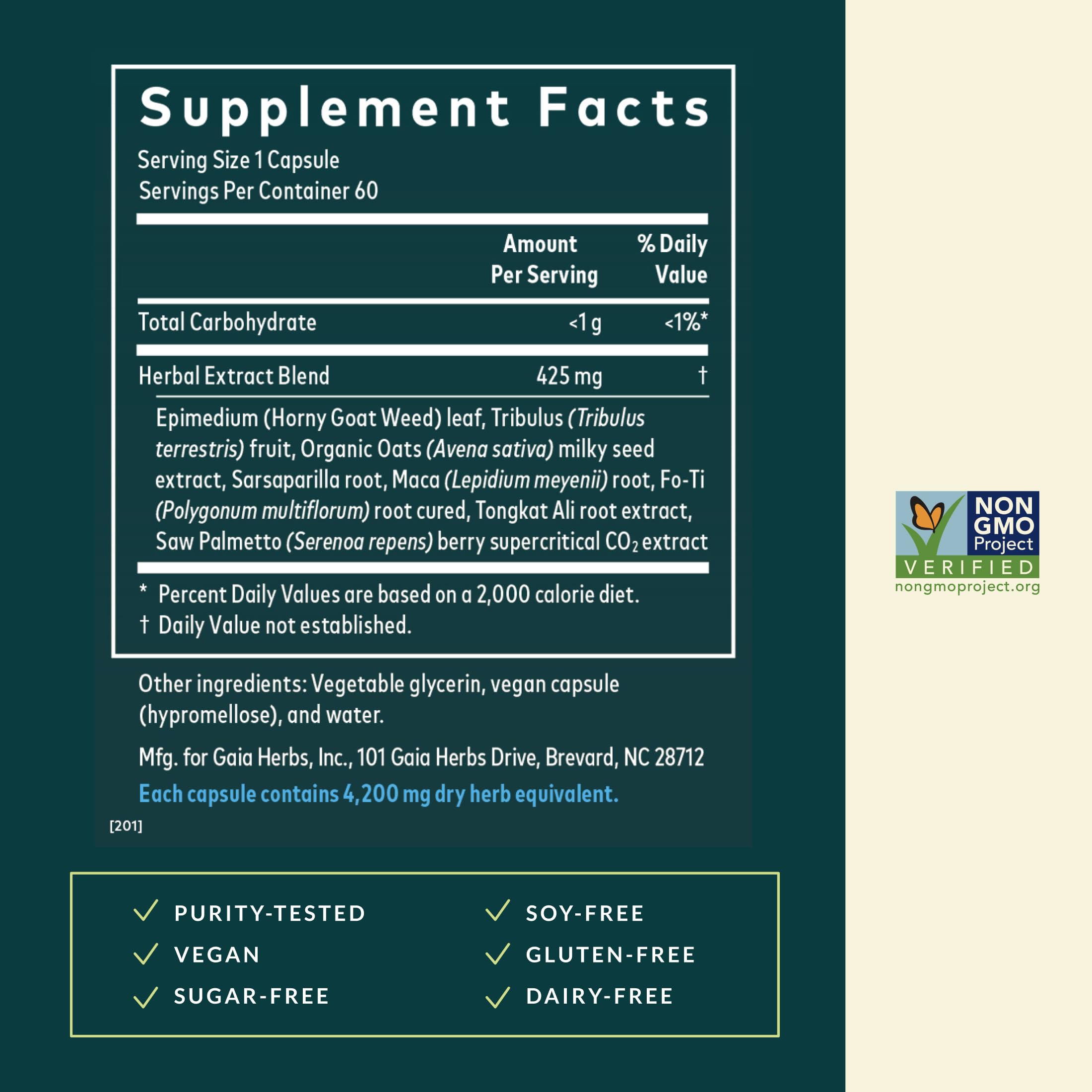 Etiqueta Gaia Herbs Male Libido con información de ingredientes