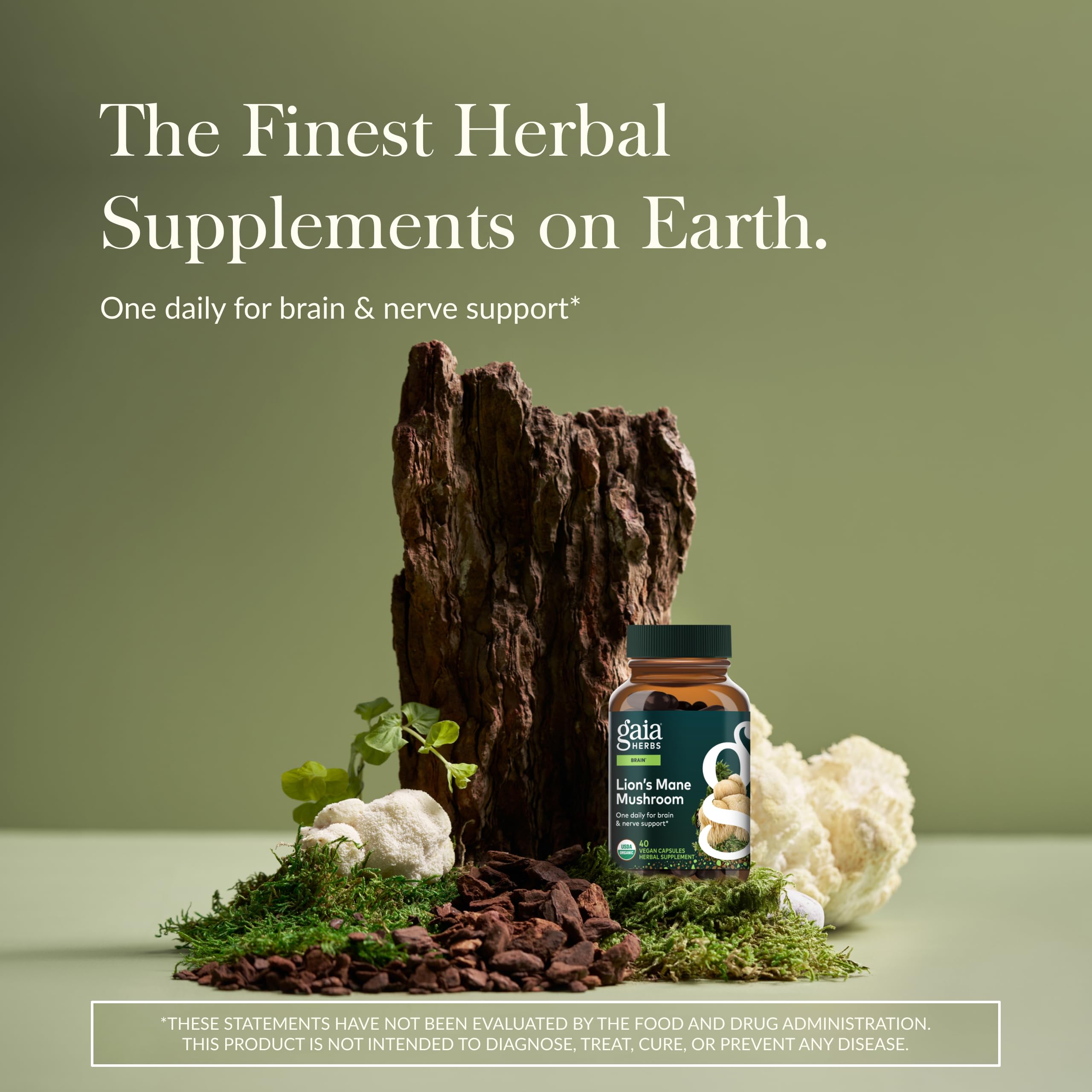 Gaia Herbs Melena de León, etiqueta del producto que destaca su forma vegana