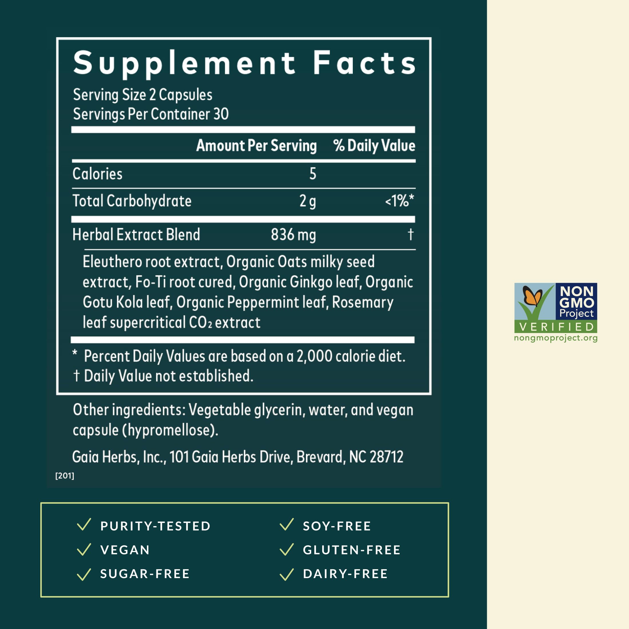 Gaia Herbs Mental Alertness: cápsulas vegetales para consumo diario sin gluten.