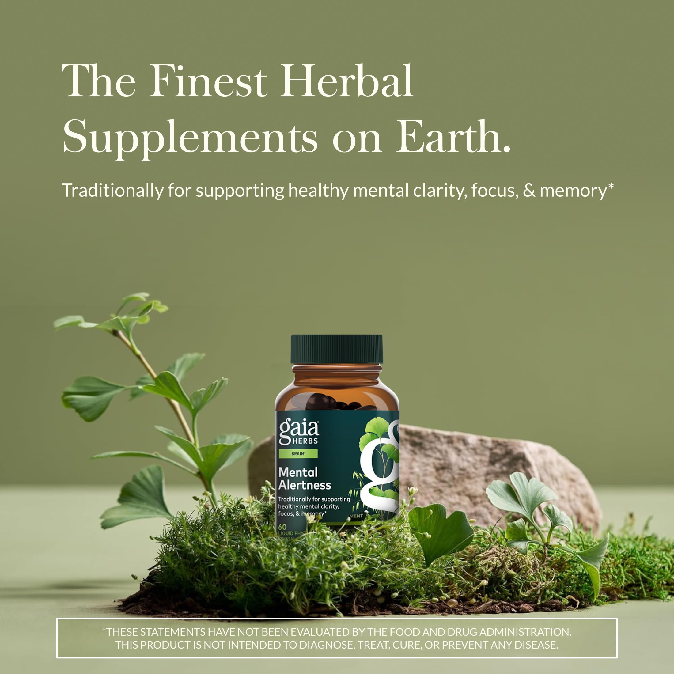Gaia Herbs Mental Alertness: etiqueta frontal clara para identificar ingredientes clave.