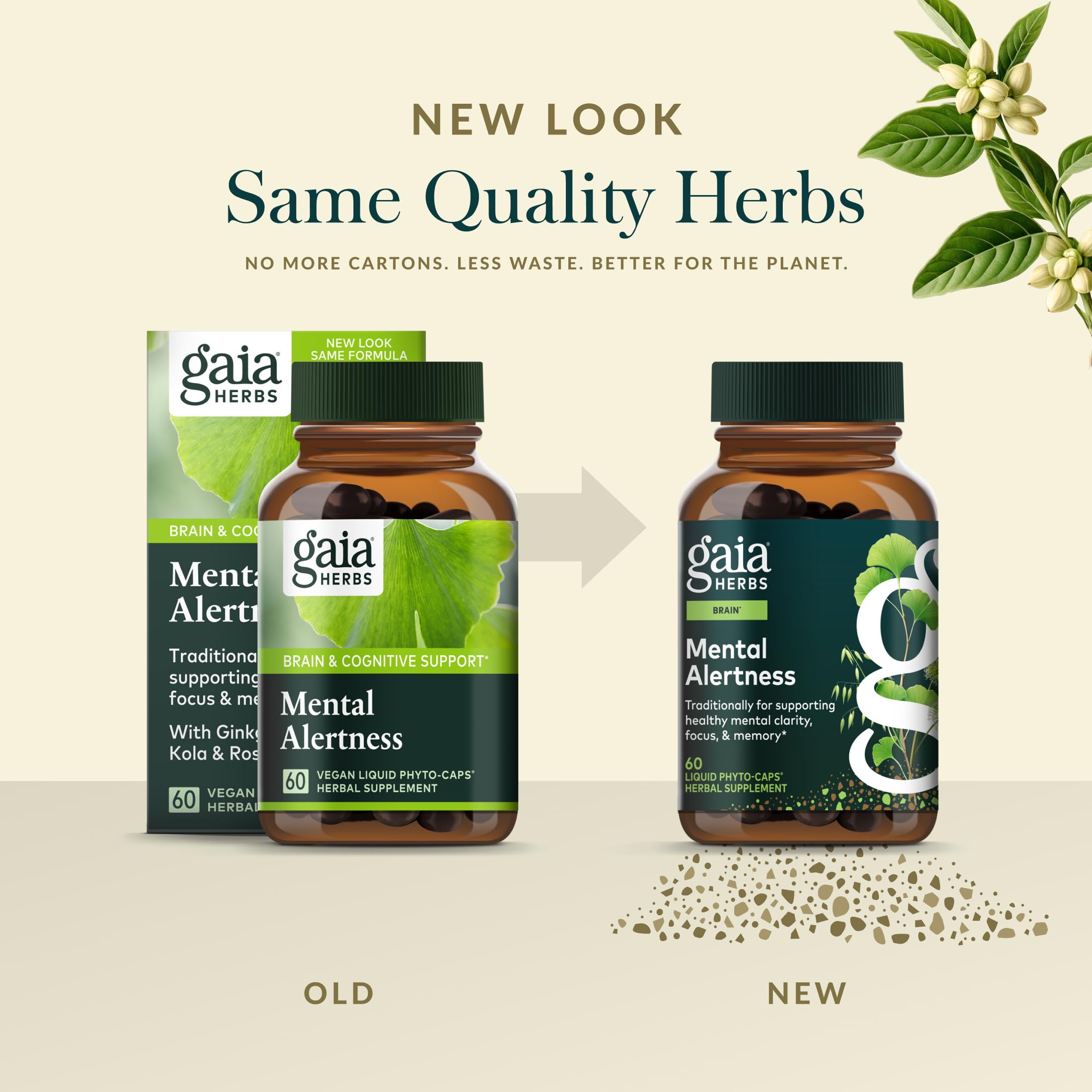 Gaia Herbs Mental Alertness: hojas de gingko que destacan en la formulación herbal.
