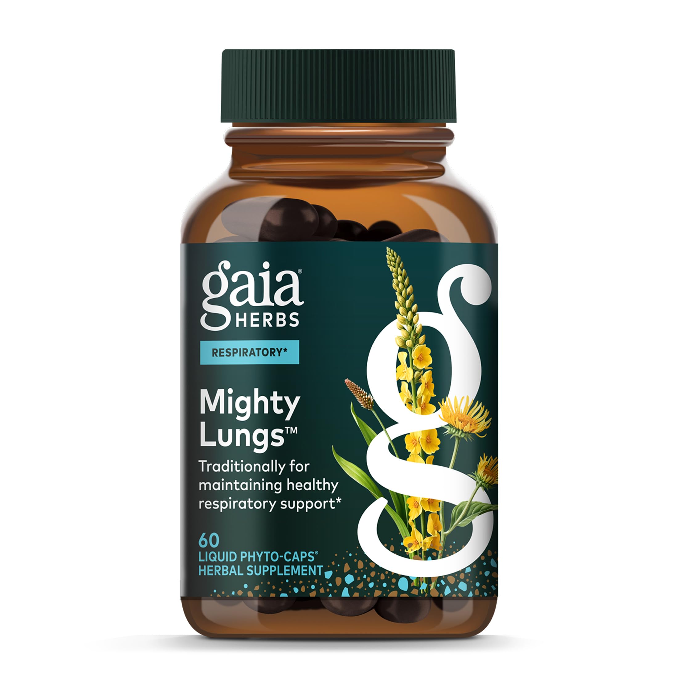 Gaia Herbs Mighty Lungs: botella con cápsulas veganas para apoyo respiratorio