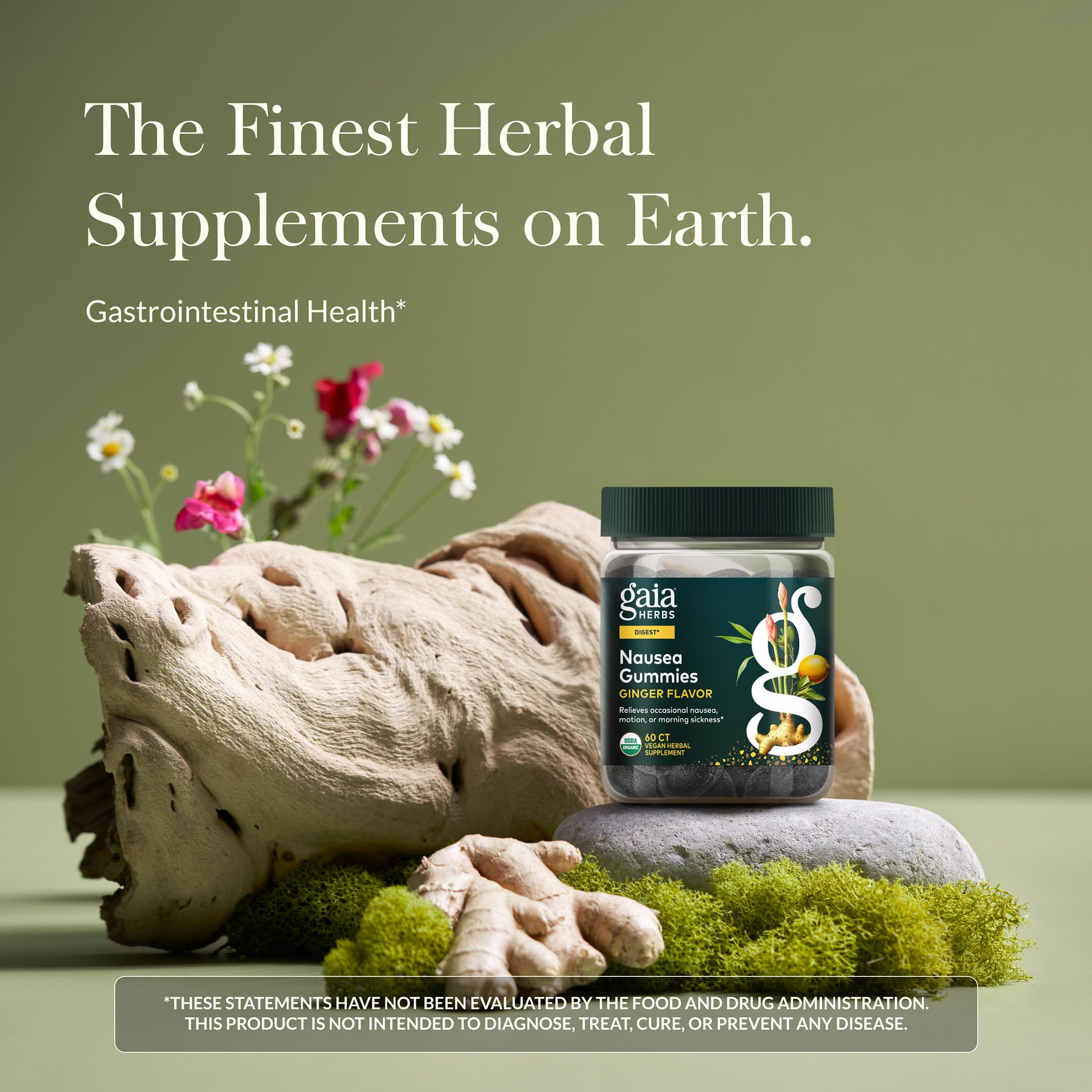 Gaia Herbs Nausea Gummies, botella detalle etiqueta, enfoque en ingredientes orgánicos.
