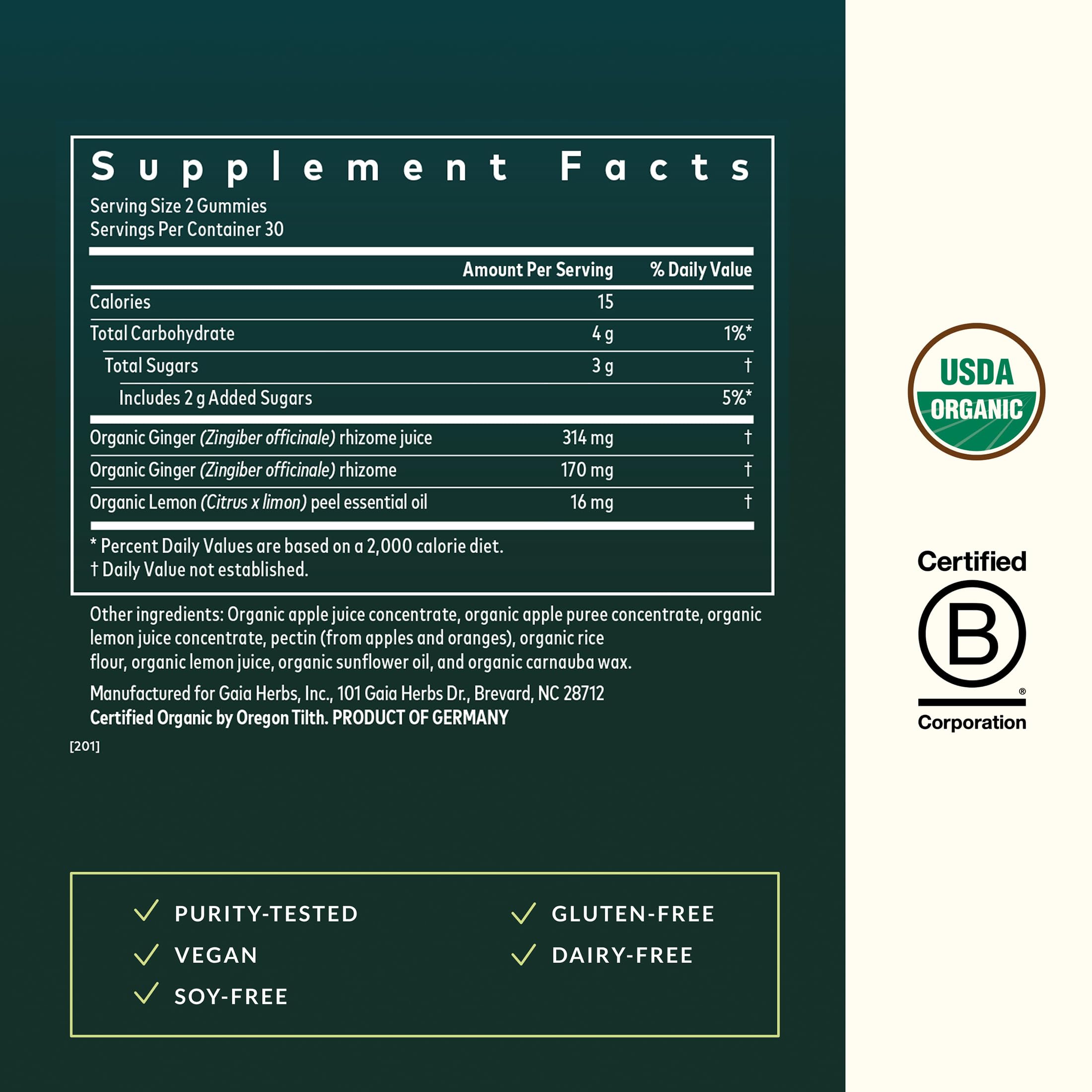 Gaia Herbs Nausea Gummies, gomitas en mano, ideal para náuseas durante el viaje.