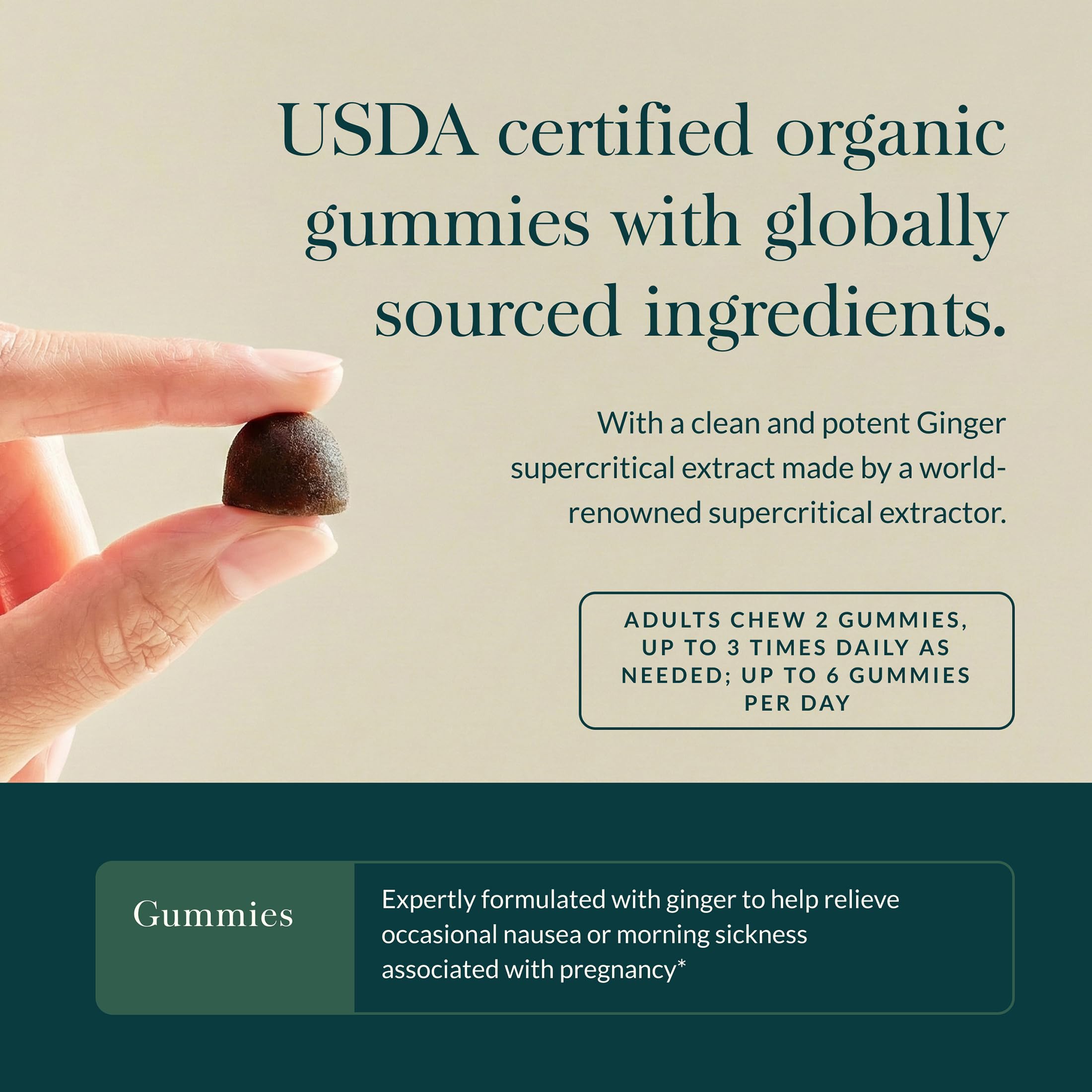 Gaia Herbs Nausea Gummies, sabor jengibre, experiencia cálida y reconfortante.