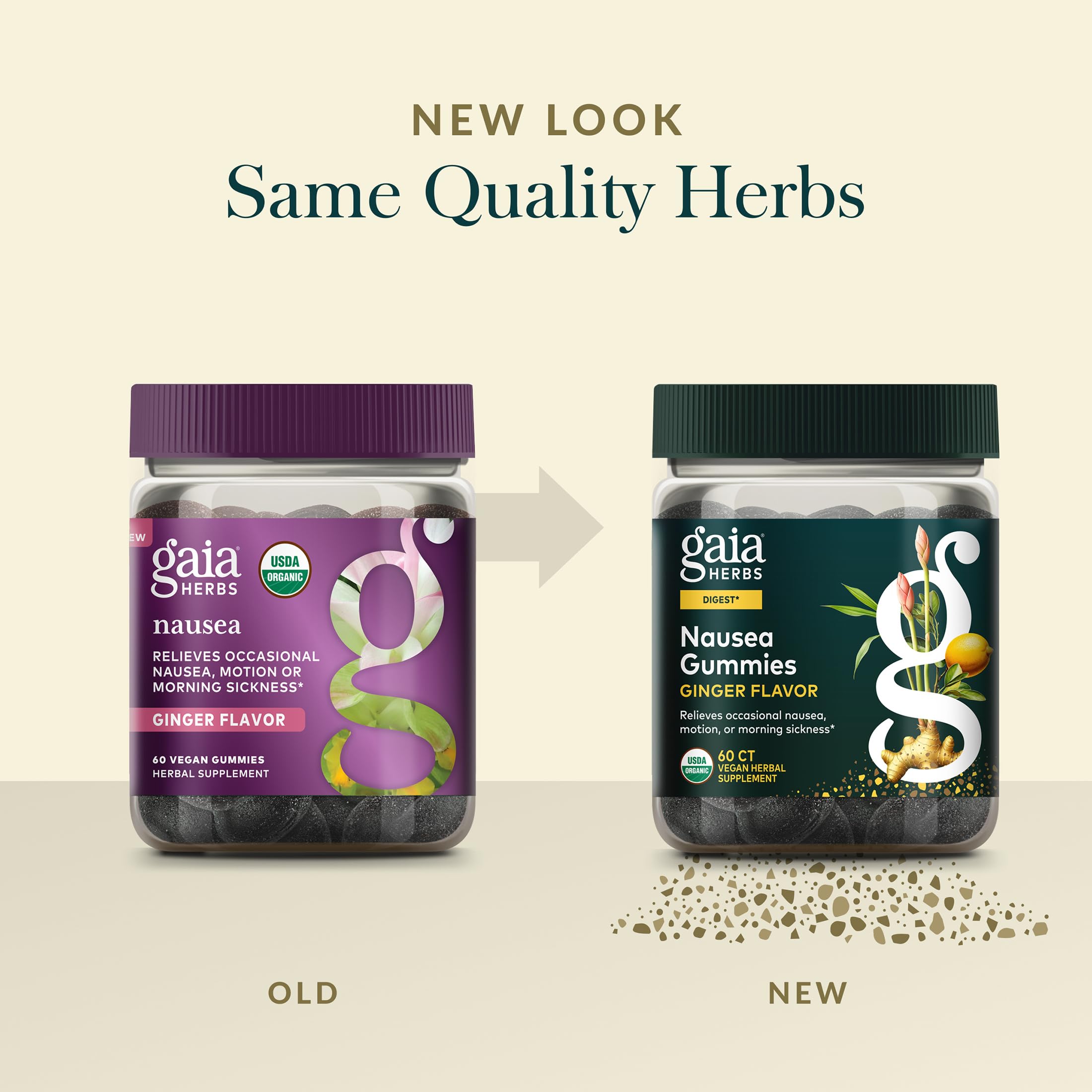 Gaia Herbs Nausea Gummies, gomitas veganas sin gluten y sin edulcorantes artificiales.