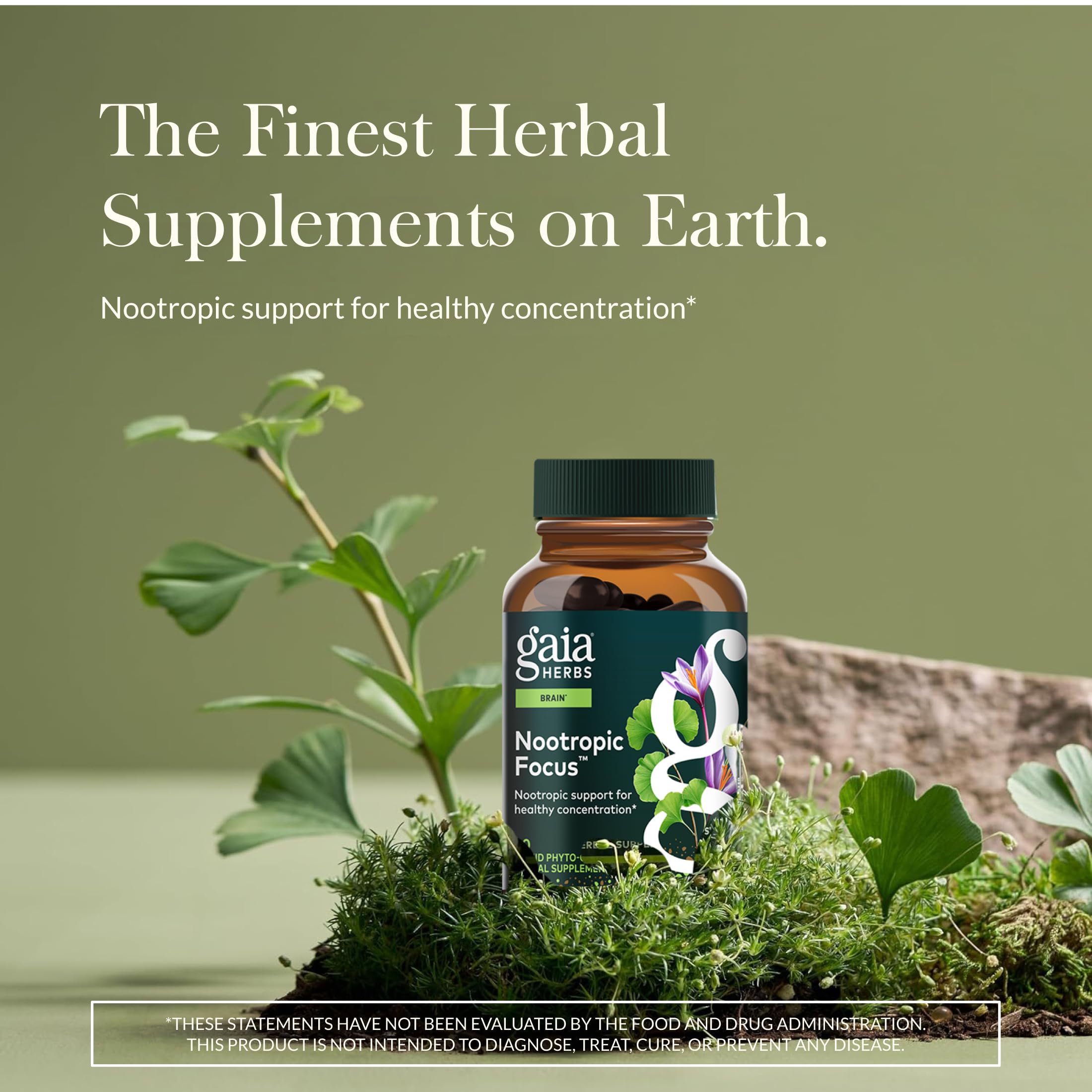 Gaia Herbs Nootrópico Focus botella frontal: formato práctico para concentración diaria.