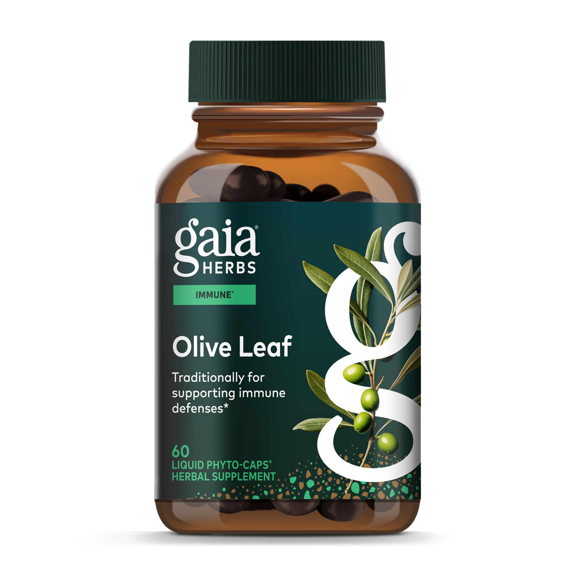 Gaia Herbs Olive Leaf: frasco de cápsulas veganas para apoyo diario del sistema inmune.
