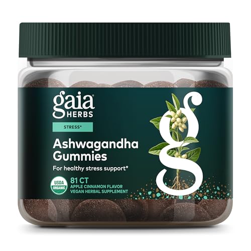 Gaia Herbs Ashwagandha Gummies frasco claro, formato suave para apoyar momentos de estrés