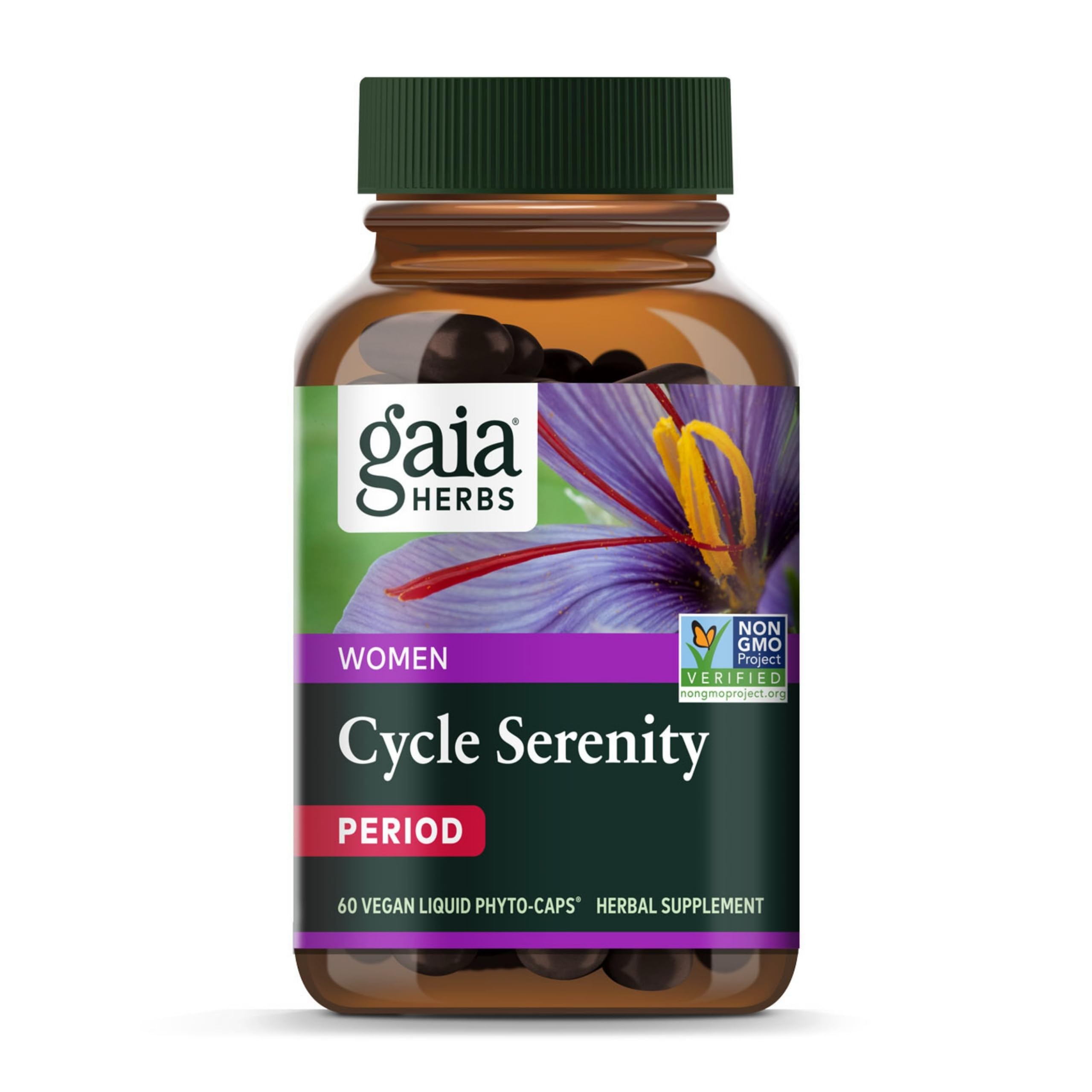 Gaia Herbs Period Cycle Serenity – botella de cápsulas veganas para uso diario