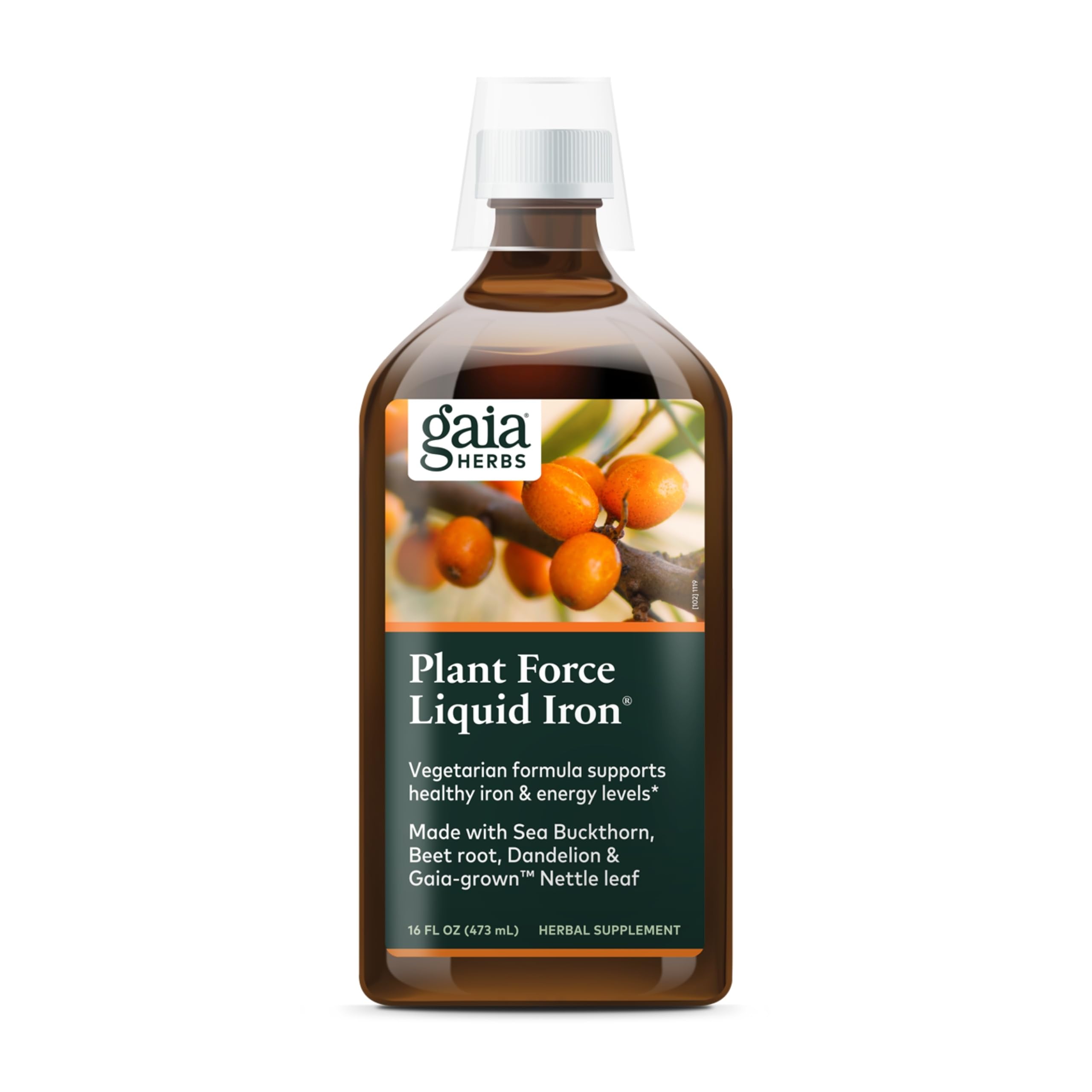 Gaia Herbs Plant Force Hierro, frasco, apoyo suave a la energía diaria.