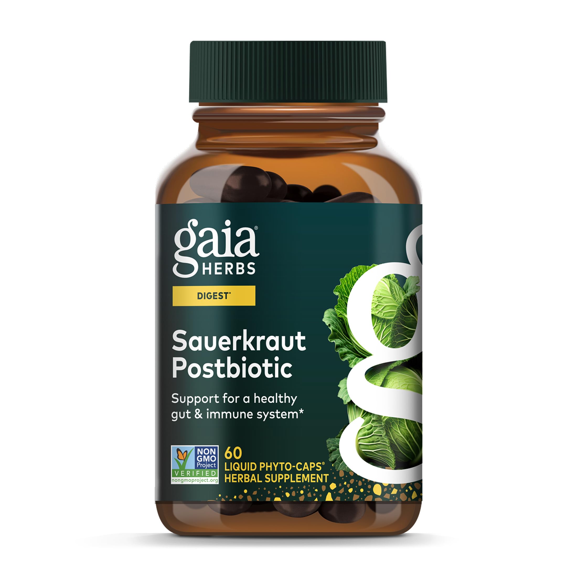 Gaia Herbs Postbiotico Chucrut, botella para apoyo digestivo diario.