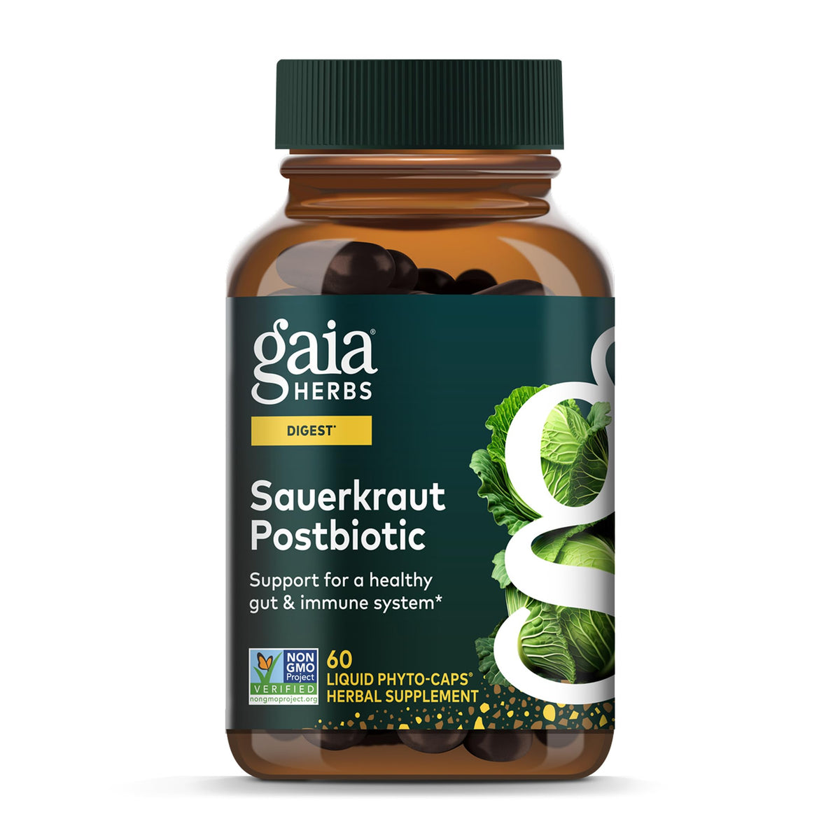 Gaia Herbs Postbiotico Chucrut, botella para apoyo digestivo diario.