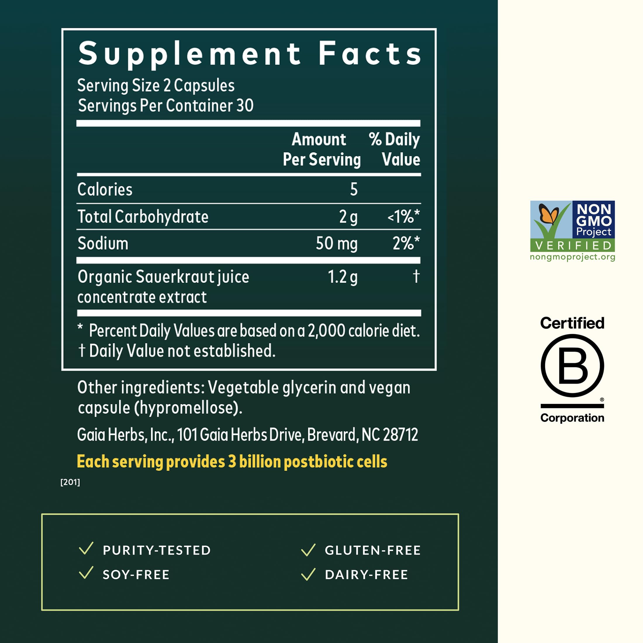 Capsulas veganas Gaia Herbs Postbiotico Chucrut listas para tomar a diario.