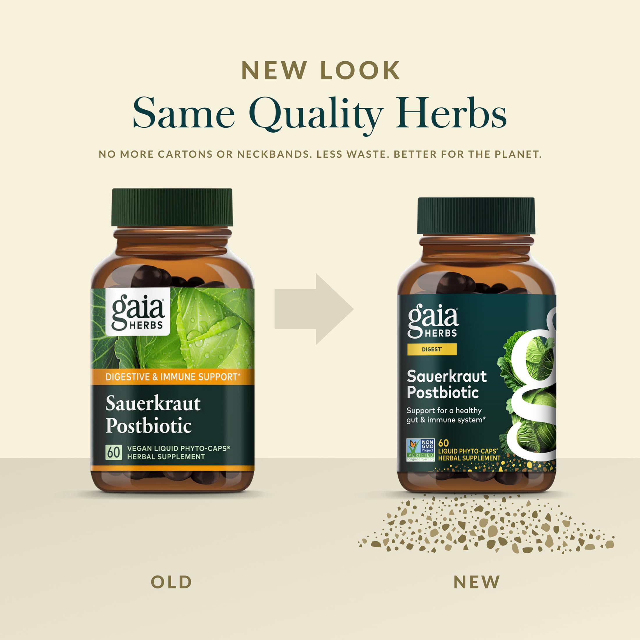 Embalaje de Gaia Herbs Postbiotico Chucrut en frasco reciclable.