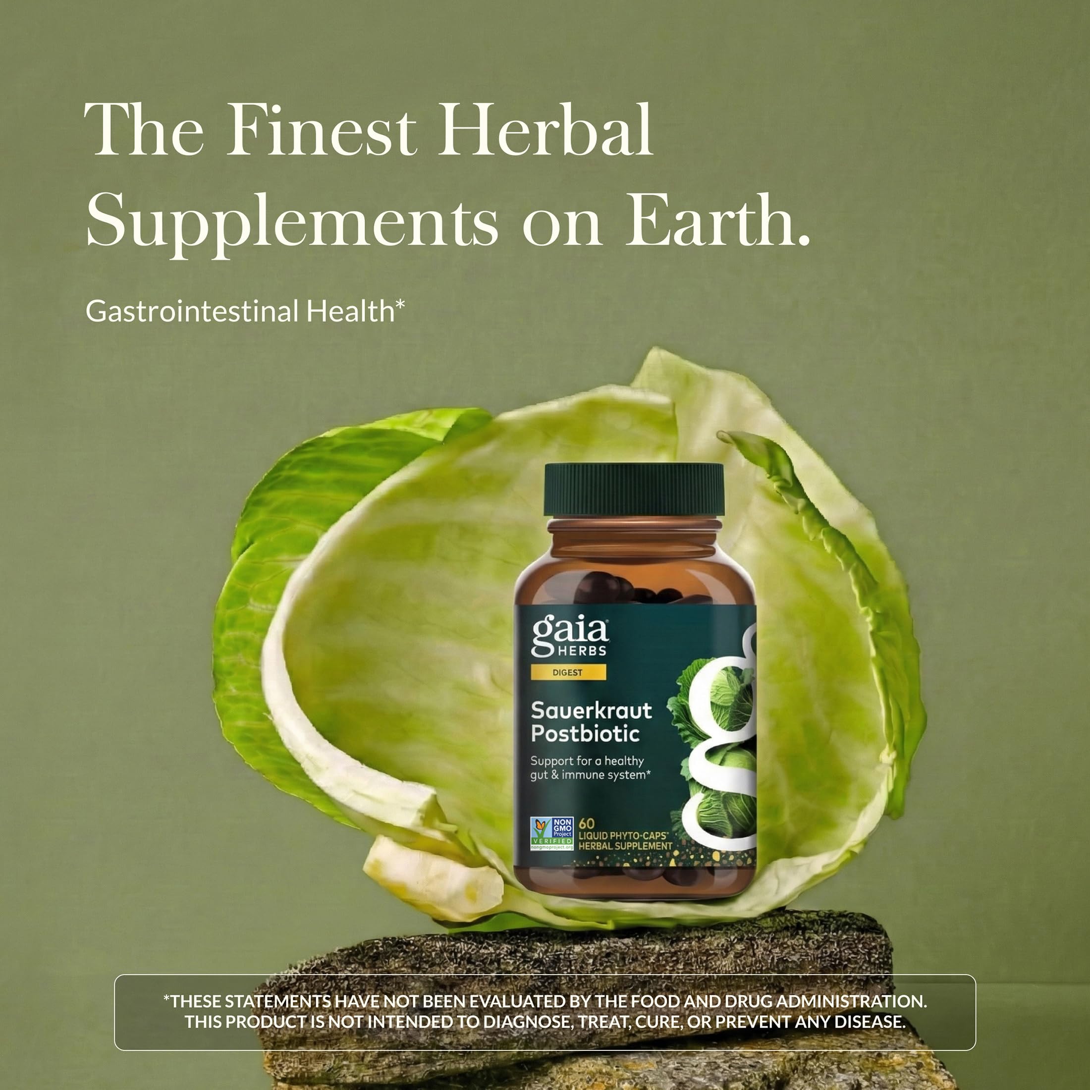 Etiqueta clara Gaia Herbs Postbiotico Chucrut para uso diario.