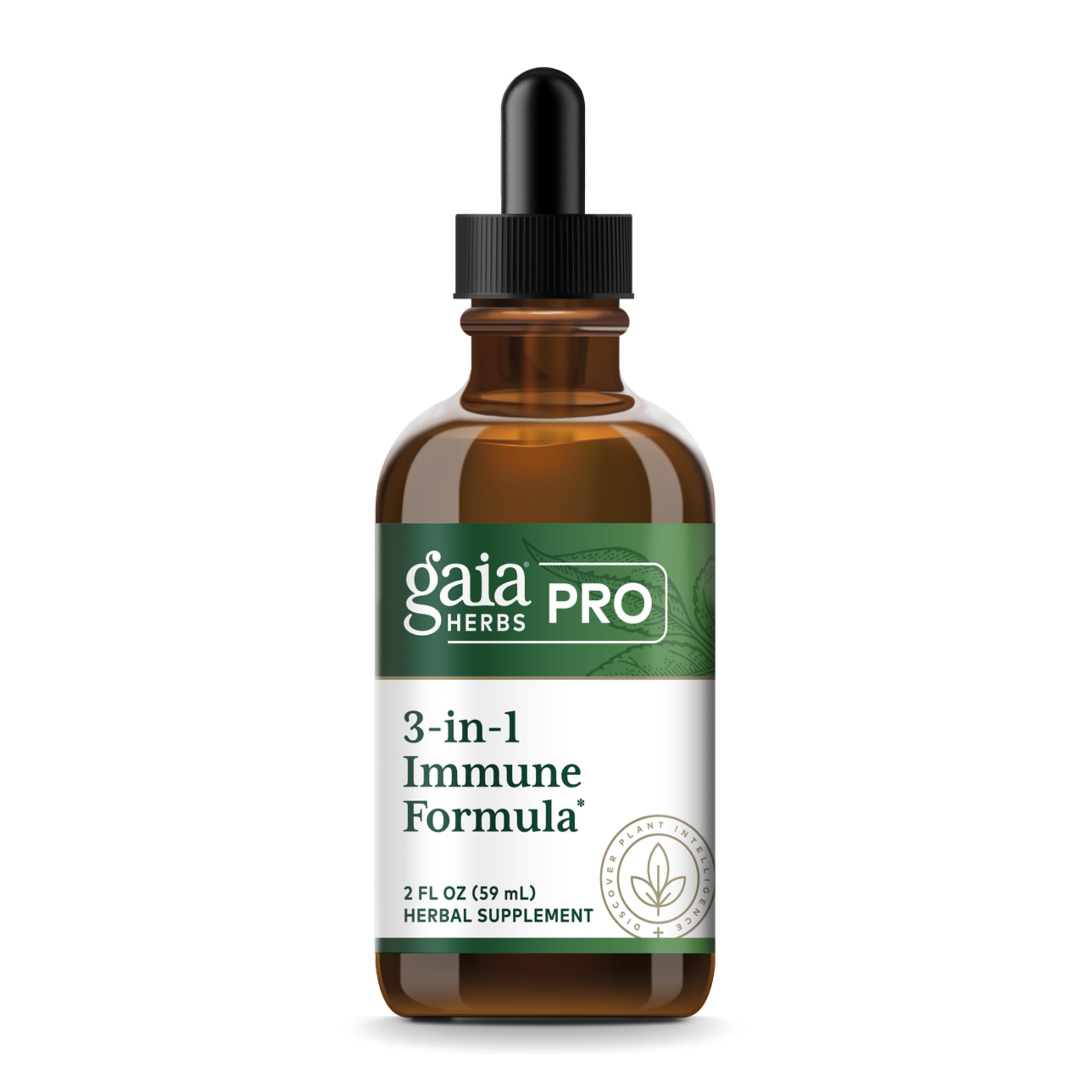 Gaia Herbs PRO 3-en-1 fórmula inmune, frasco de dosis para apoyo diario.