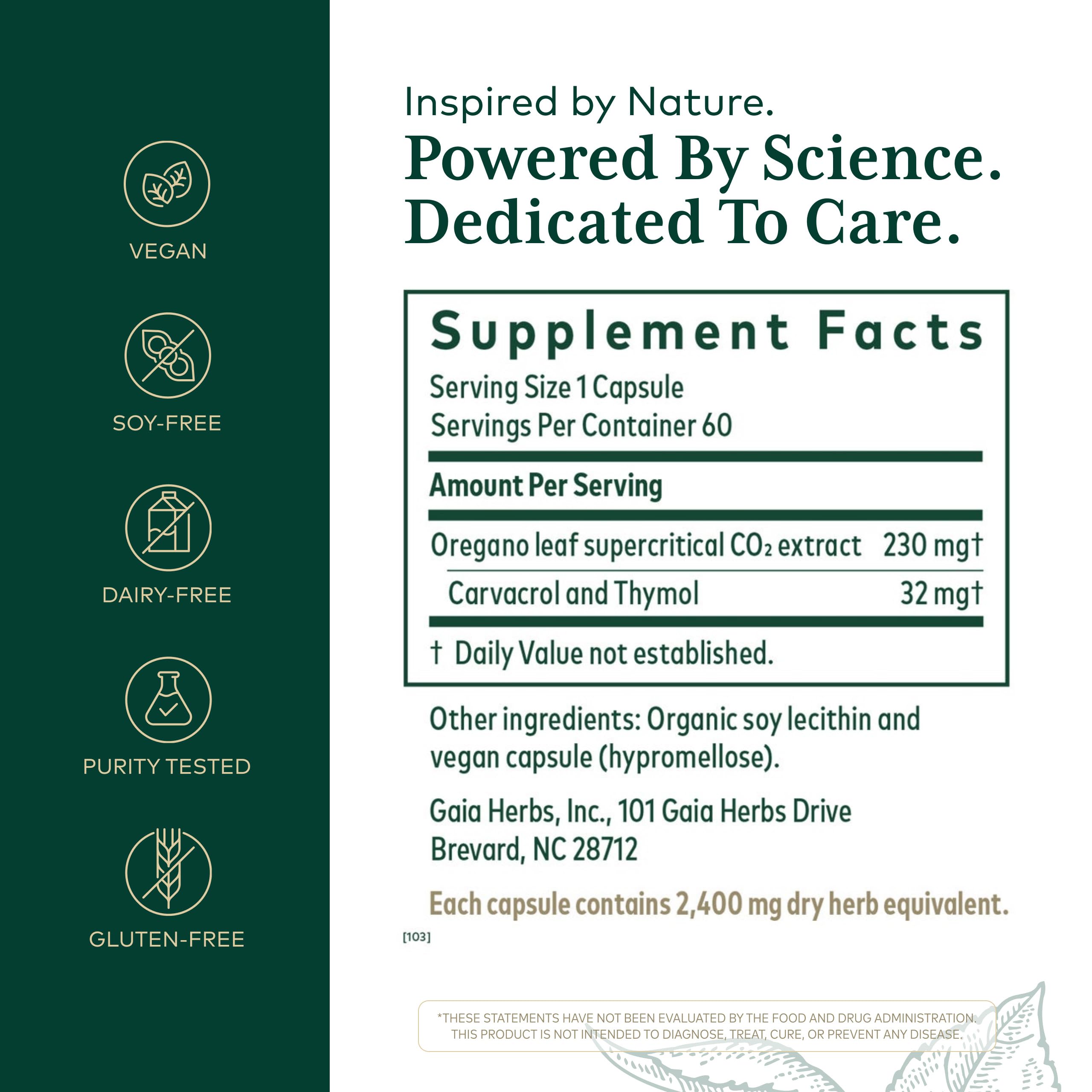 GAIA HERBS PRO Aceite de Orégano con etiqueta visible y guía de uso
