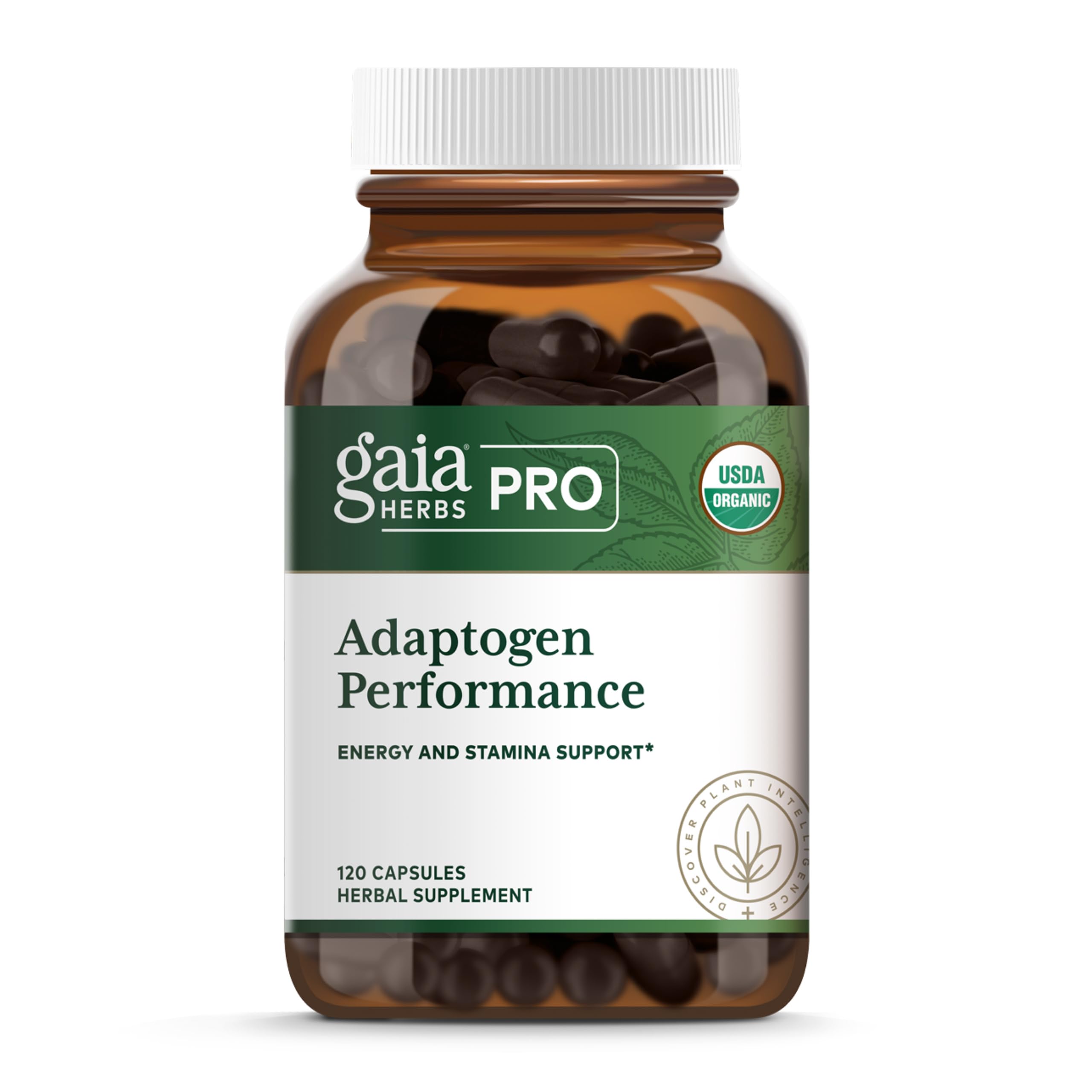 Gaia Herbs PRO Adaptogen Performance en cápsulas, etiqueta visible y beneficios posibles.