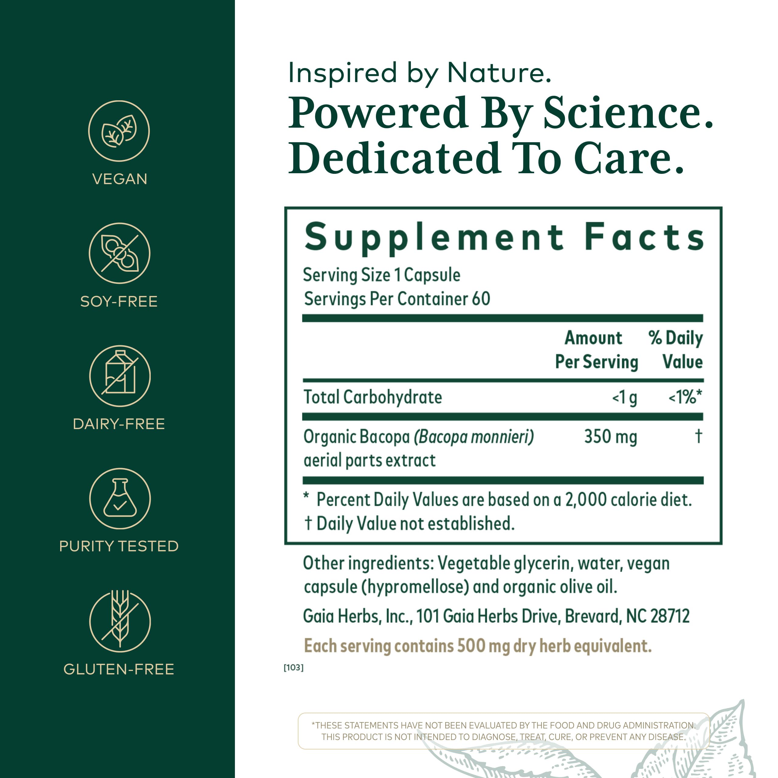 GAIA Herbs Pro Bacopa: etiqueta del producto que destaca su uso para la función cerebral.
