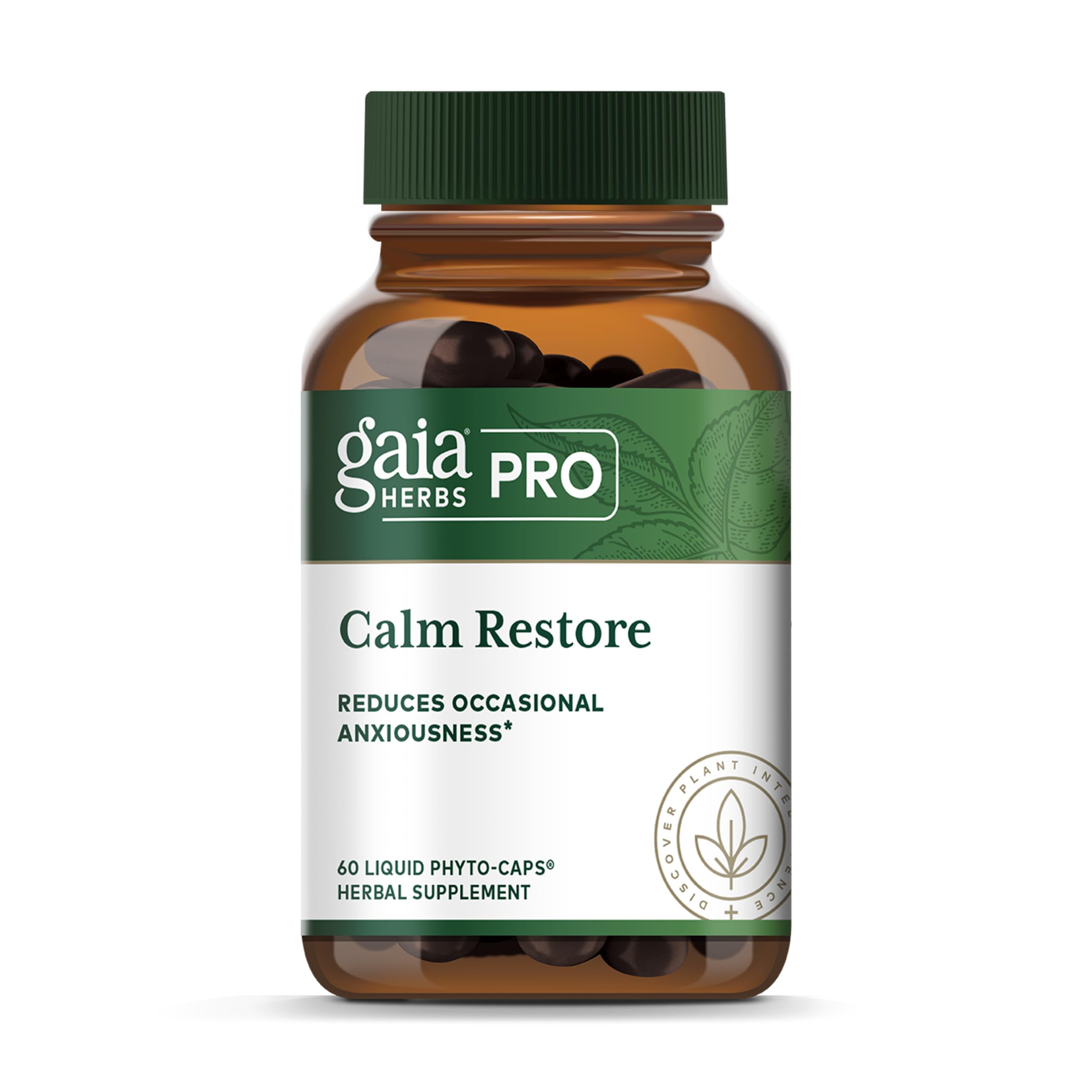 Gaia Herbs PRO Calm Restore: bote de cápsulas para apoyo diario de la calma.