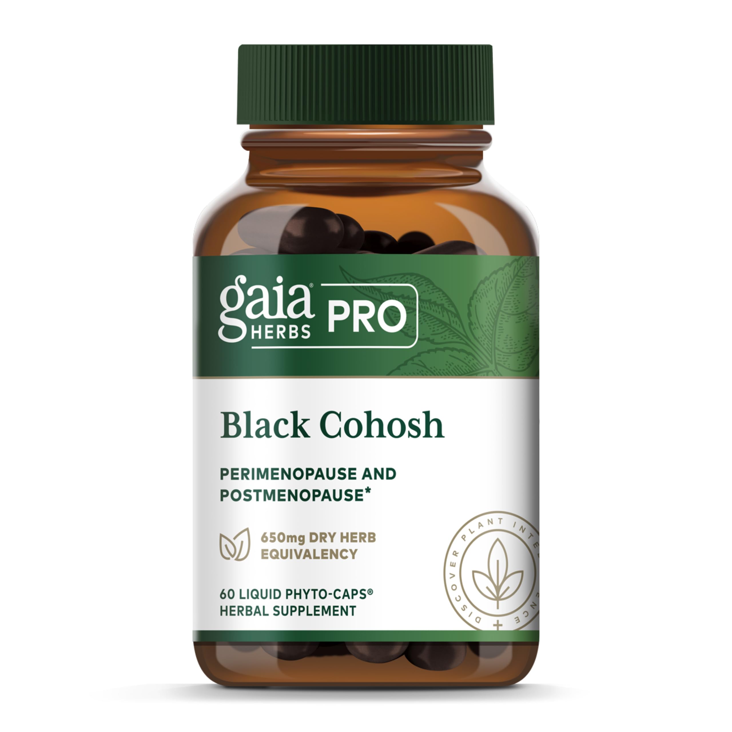 GAIA HERBS PRO Cohosh Negro: botella visible, posible apoyo durante cambios hormonales.