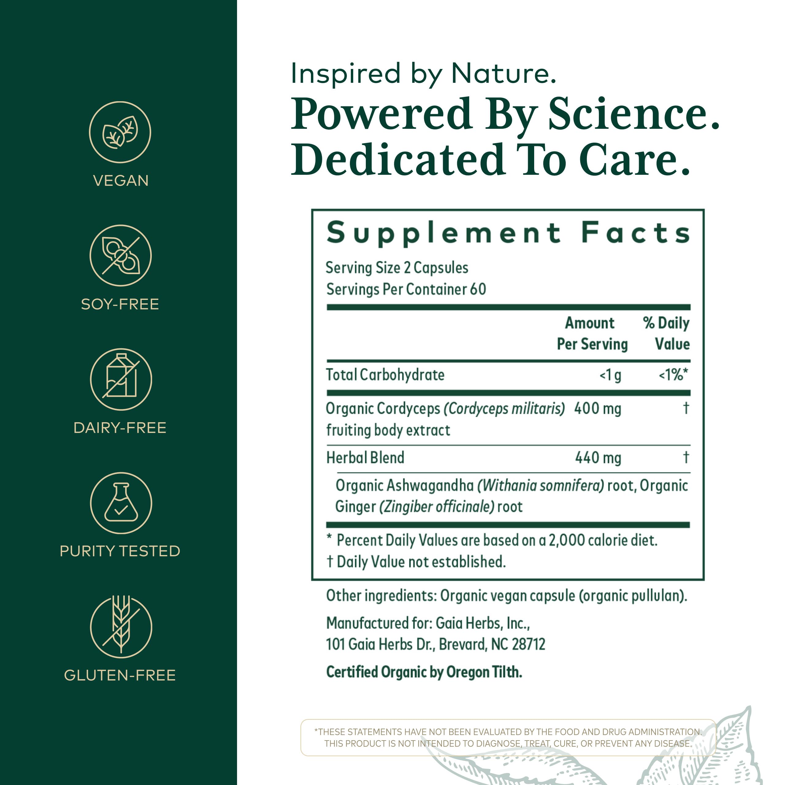 Extracto de cordyceps y ashwagandha de Gaia Herbs PRO en cápsulas.