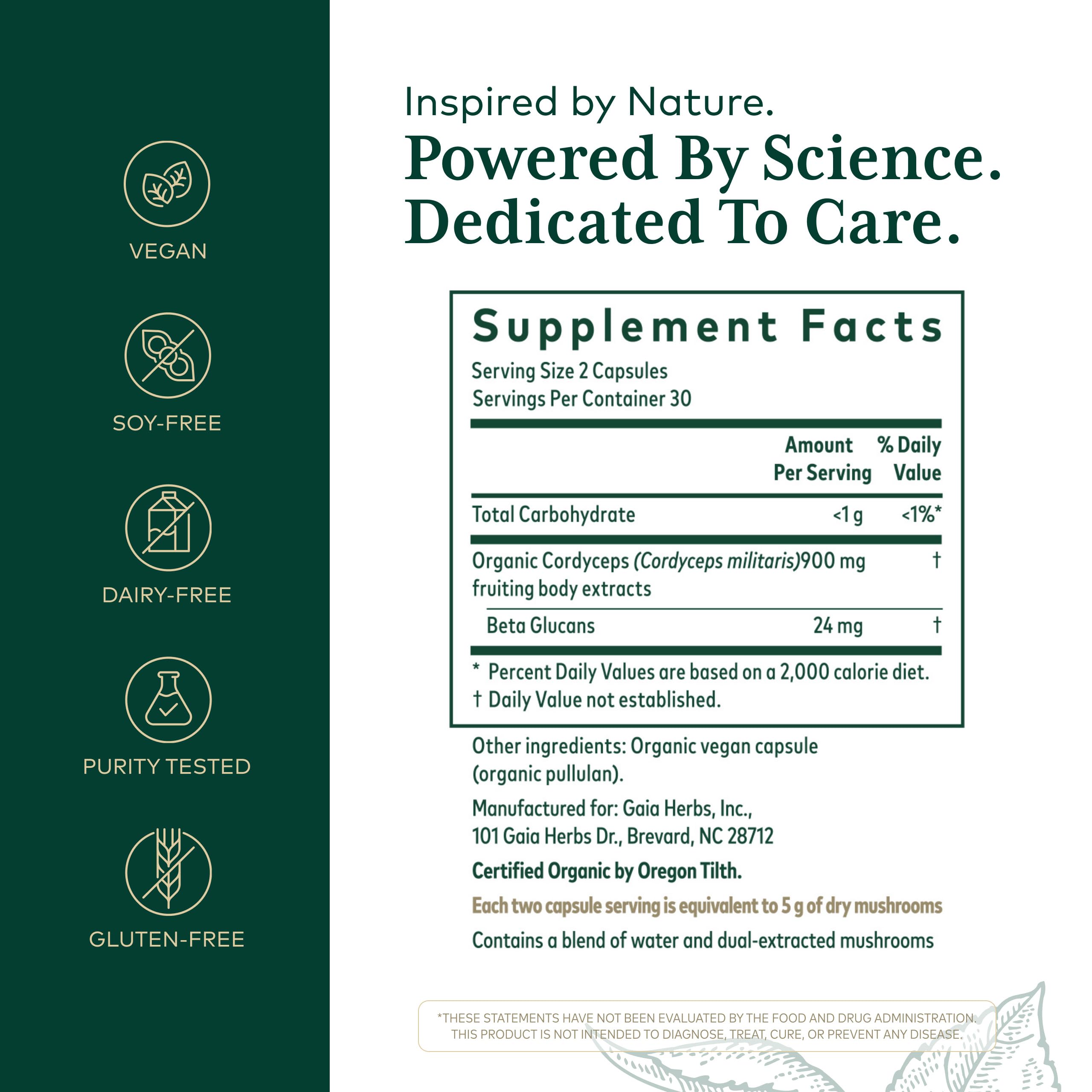 Gaia Herbs Pro Cordyceps: etiqueta clara destacan componentes sin rellenos.