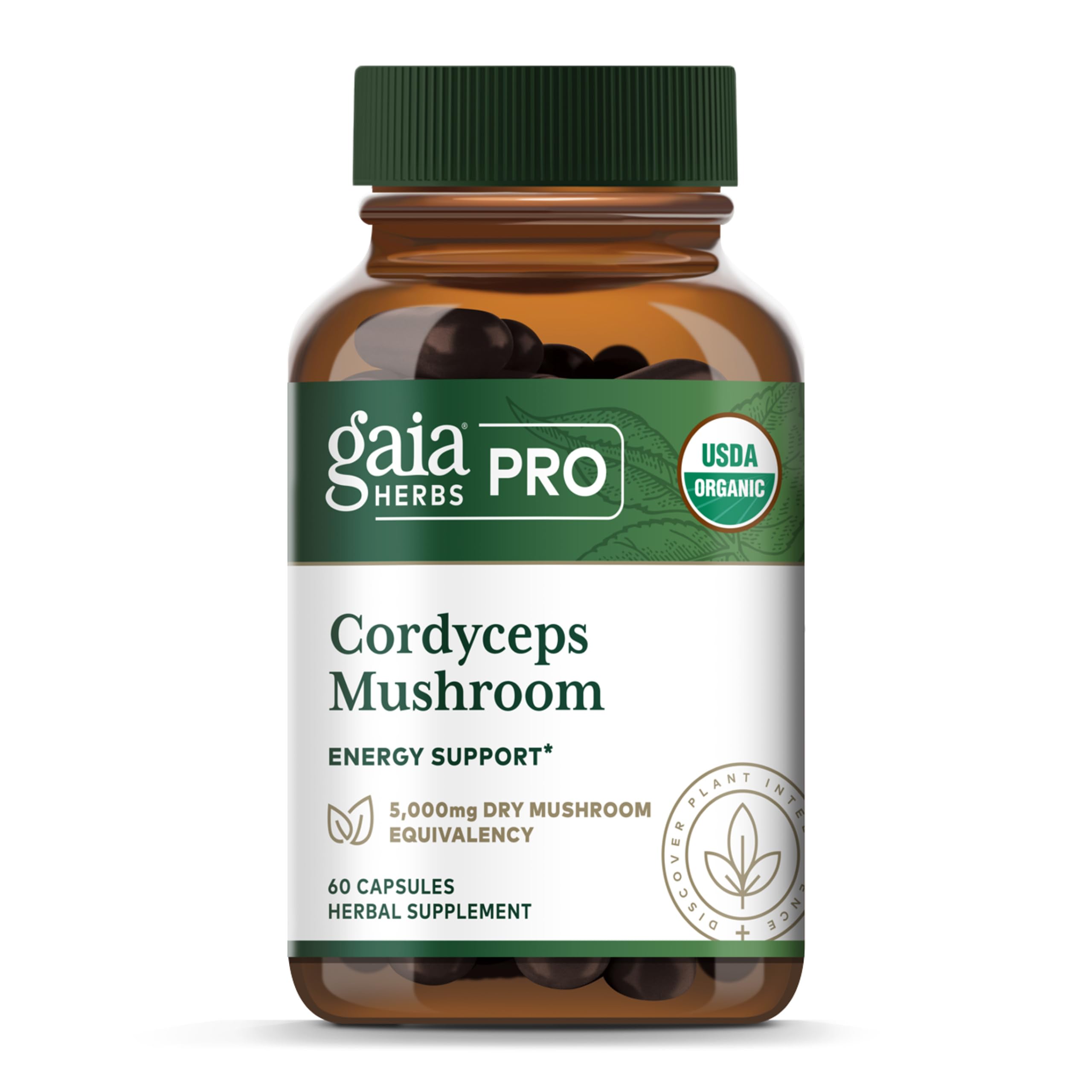 Gaia Herbs Pro Cordyceps: cápsulas frente del frasco para energía sostenida.