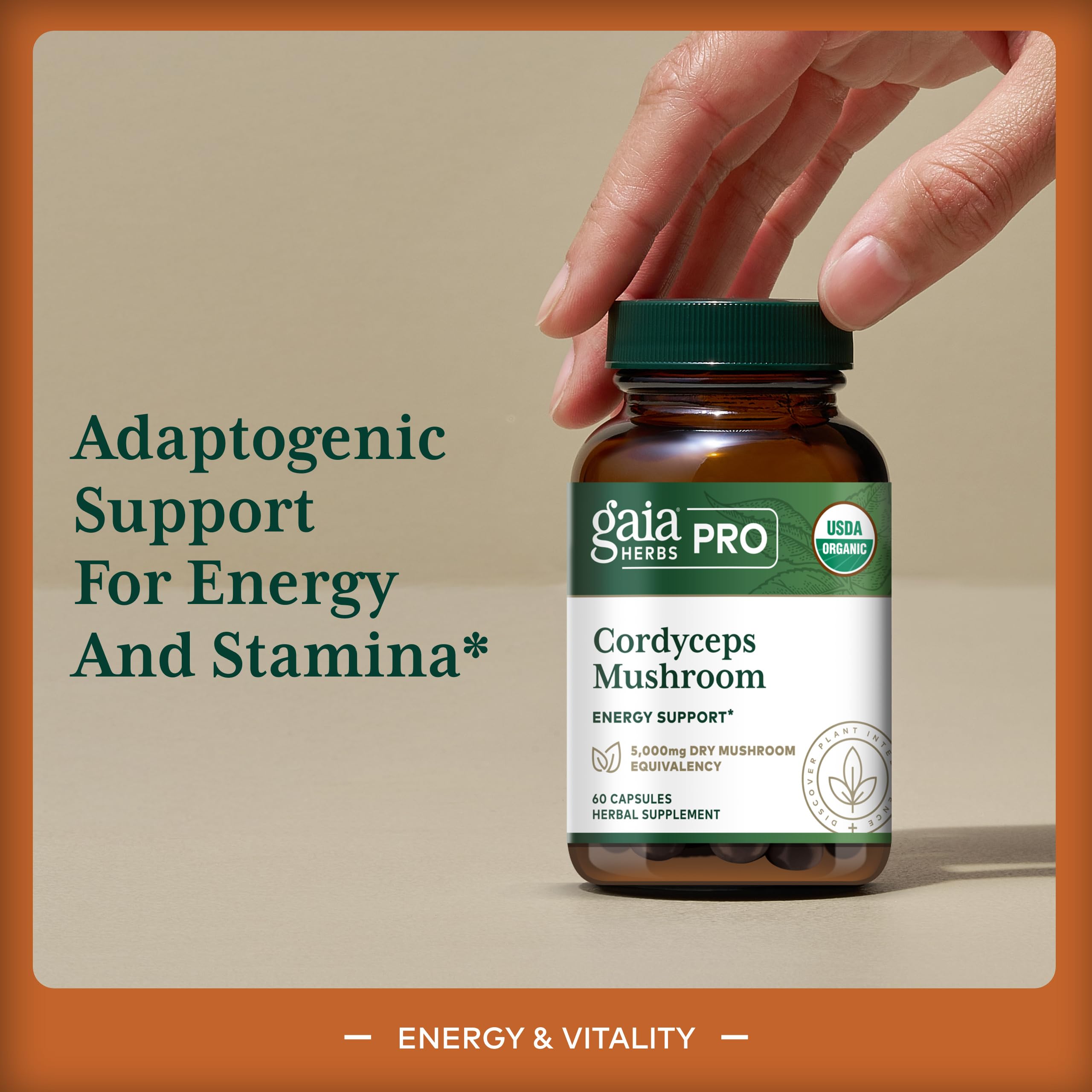 Gaia Herbs Pro Cordyceps: frasco y etiqueta visibles para calidad y origen.