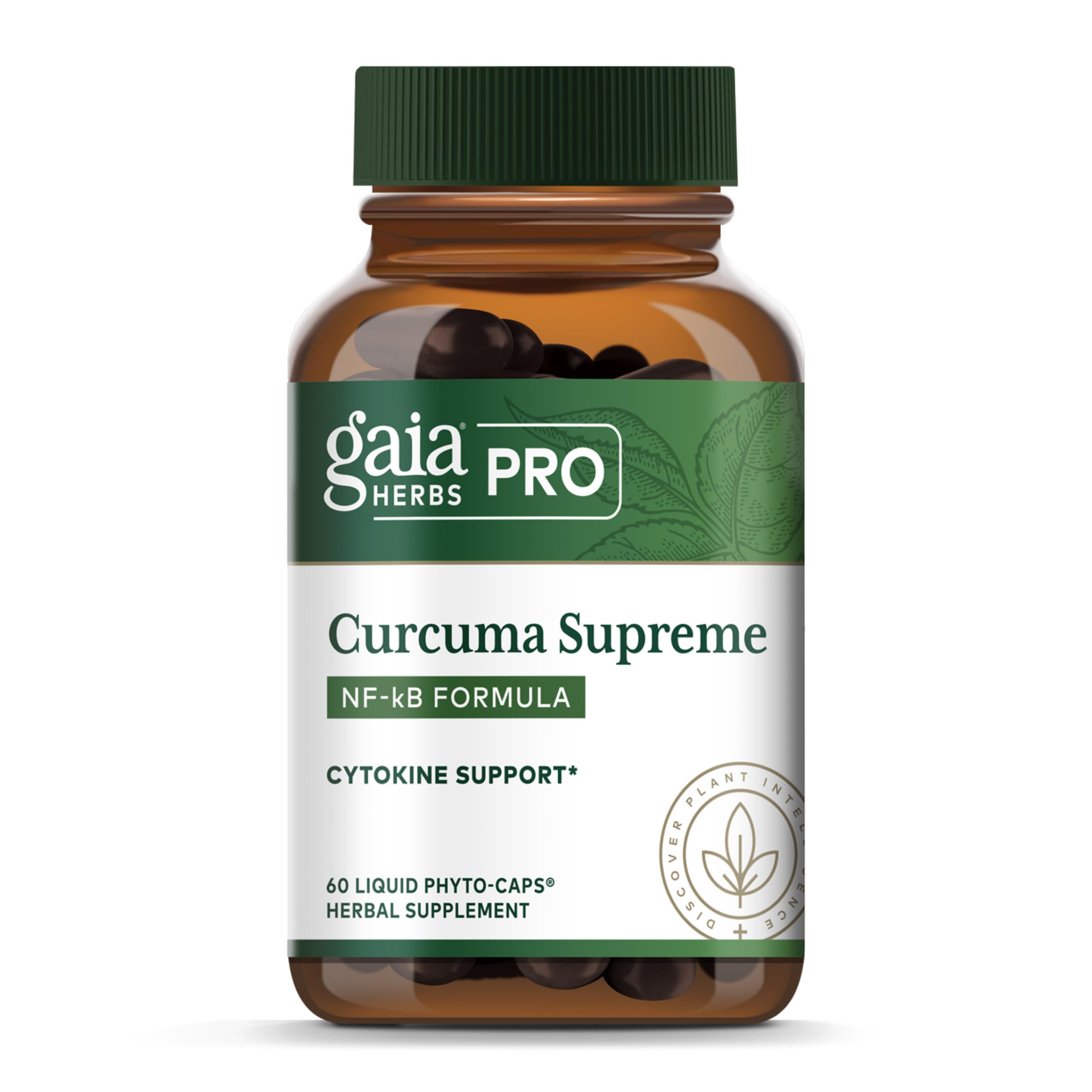 Gaia Herbs PRO Curcuma Supreme, frasco visible, posible apoyo inmune en la rutina diaria.