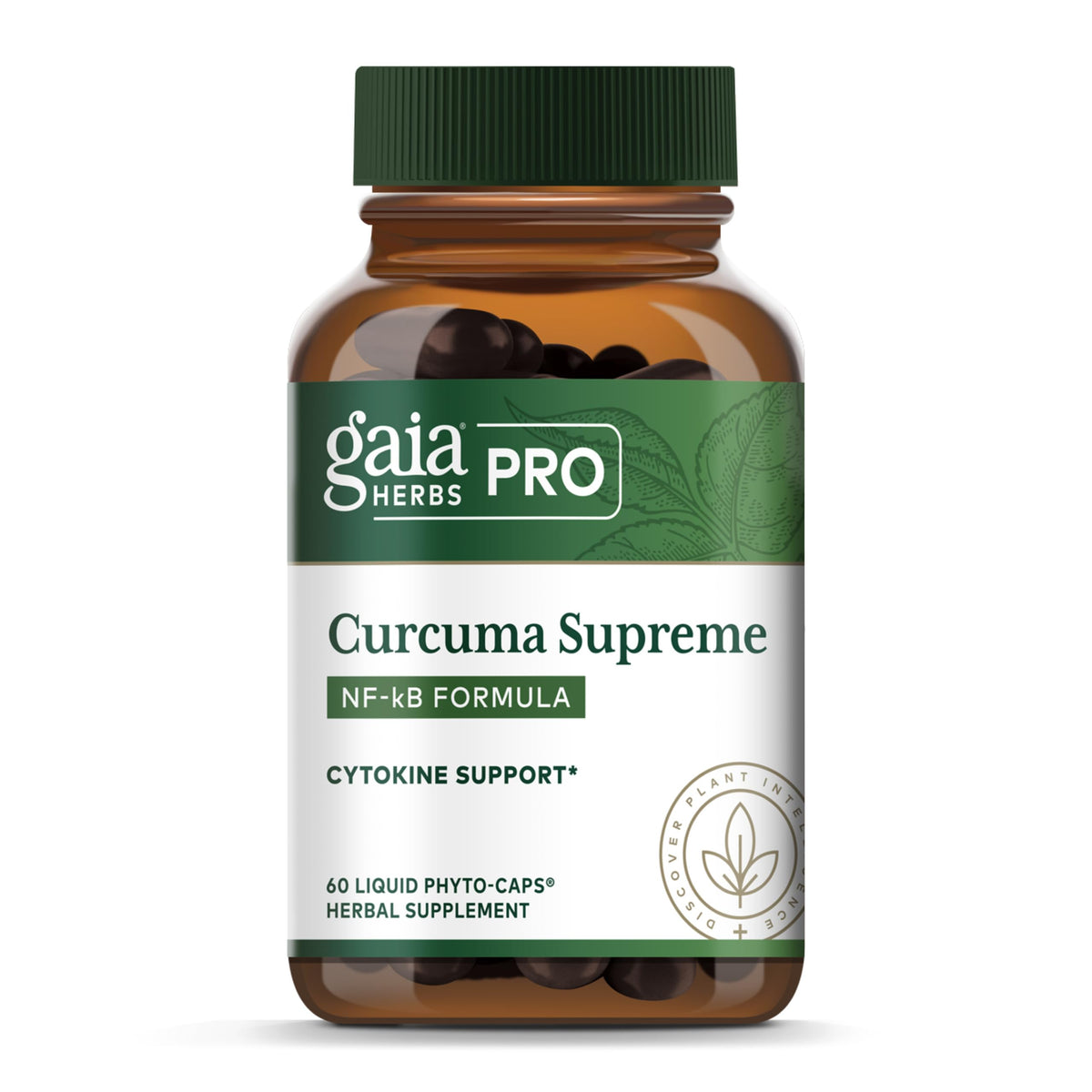 Gaia Herbs PRO Curcuma Supreme, frasco visible, posible apoyo inmune en la rutina diaria.