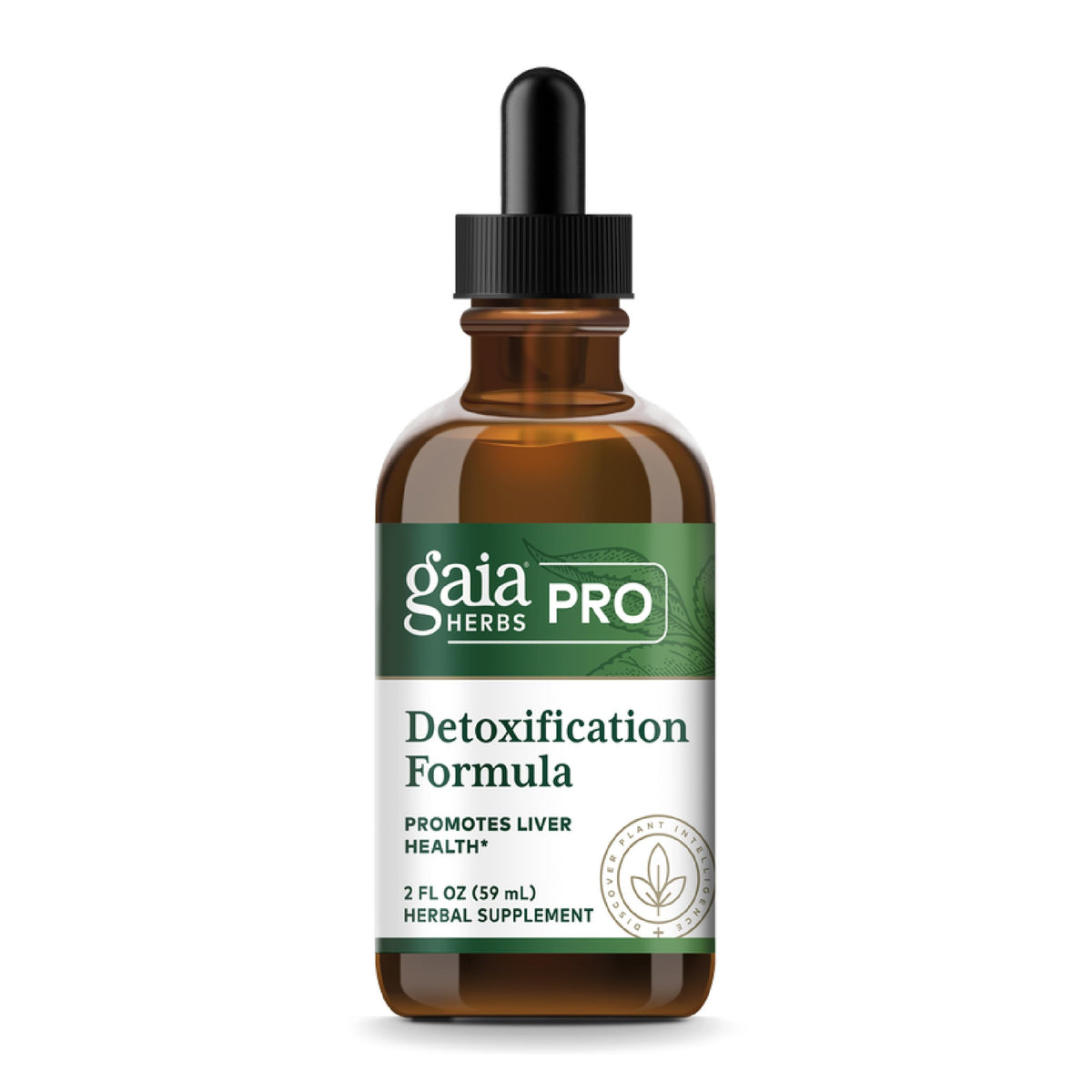 Gaia Herbs PRO Desintoxicación, botella frente a la caja, formato líquido fácil de incorporar.