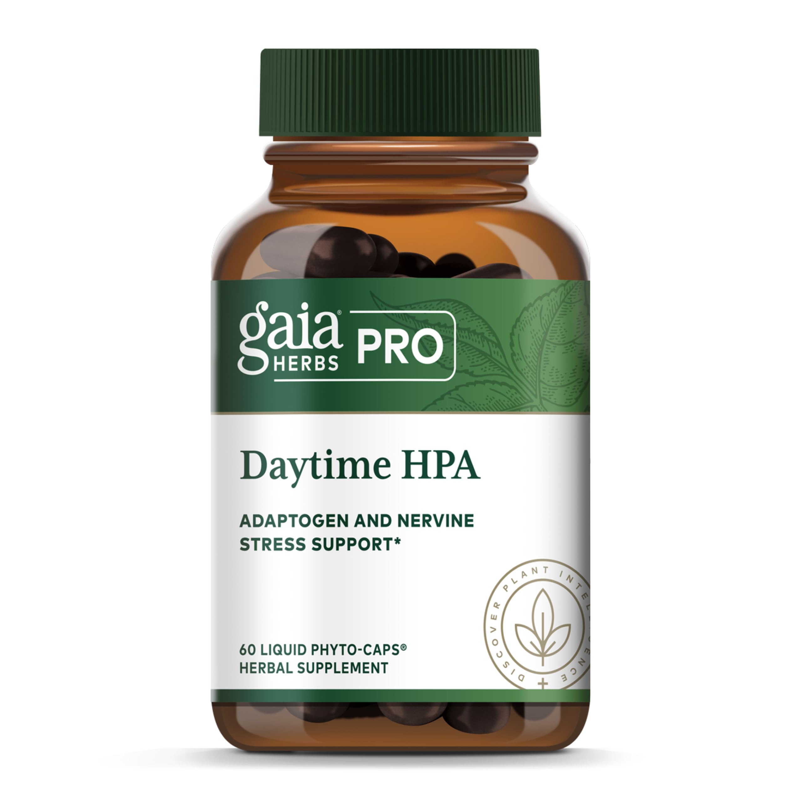 Gaia Herbs PRO Dia Time Adaptogen, cápsulas en botella, apoyo nervioso suave durante el día.