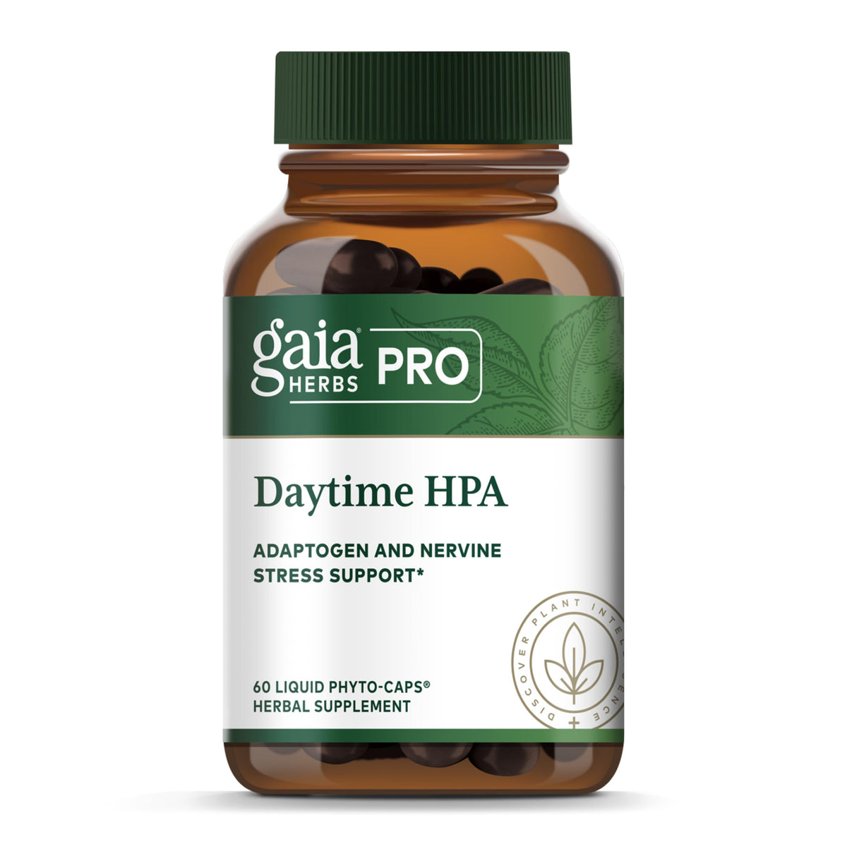 Gaia Herbs PRO Dia Time Adaptogen, cápsulas en botella, apoyo nervioso suave durante el día.