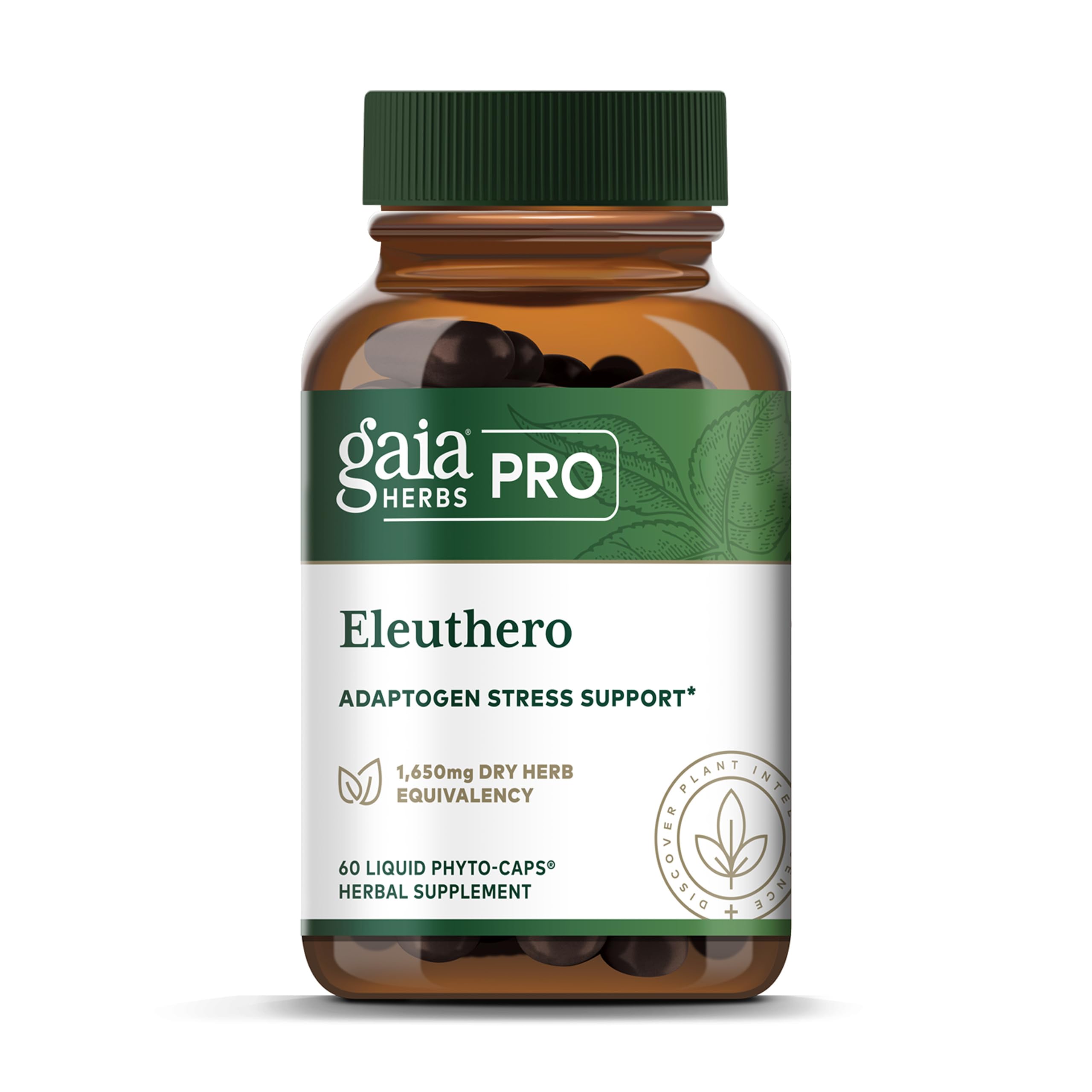 Gaia Herbs PRO Eleuthero: botella con vertido para energía diaria natural.