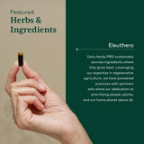 Gaia Herbs PRO Eleuthero: envase-detalle resalta la pureza de la fórmula.