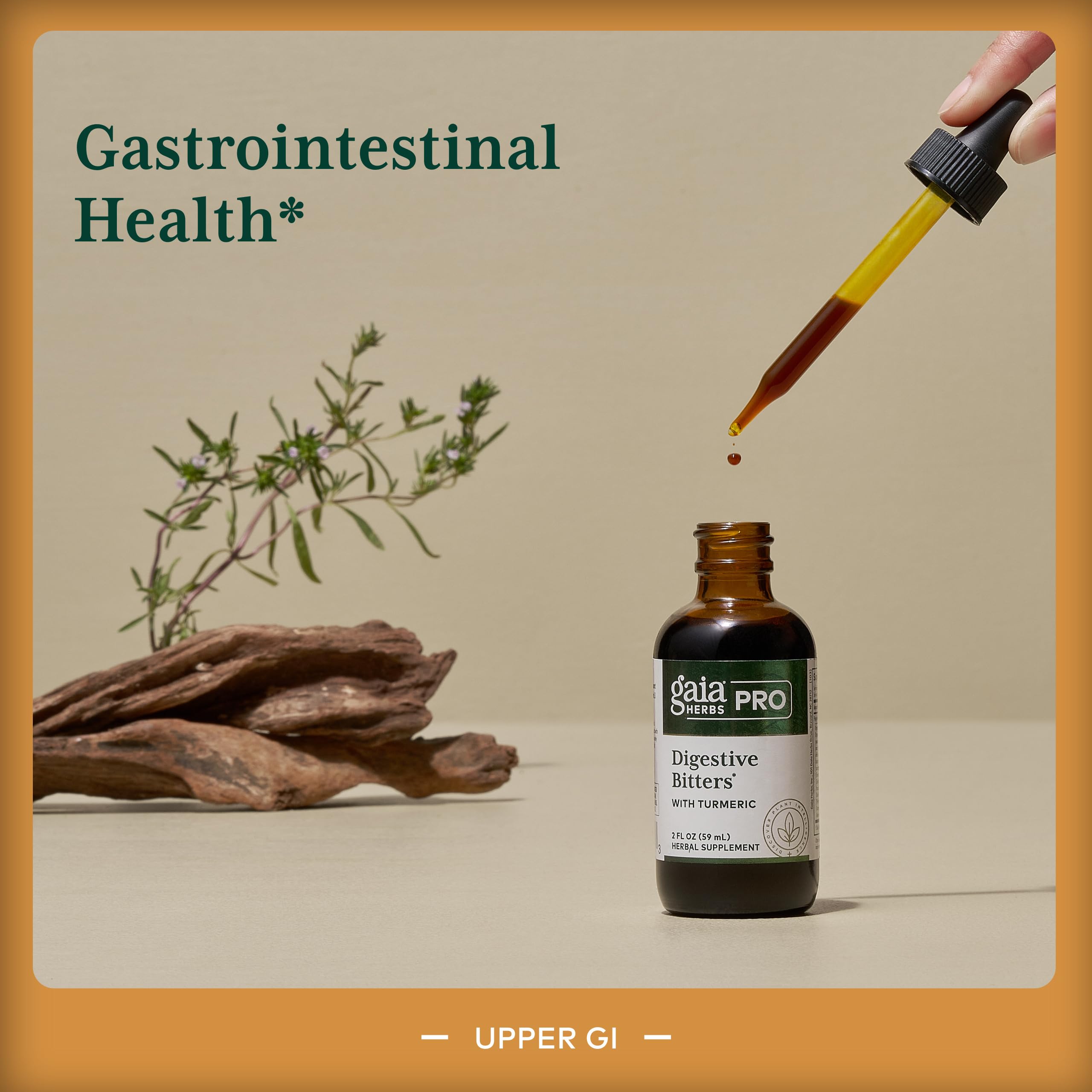 GAIA HERBS PRO etiqueta visible, destacando la fórmula herbal para el bienestar digestivo.