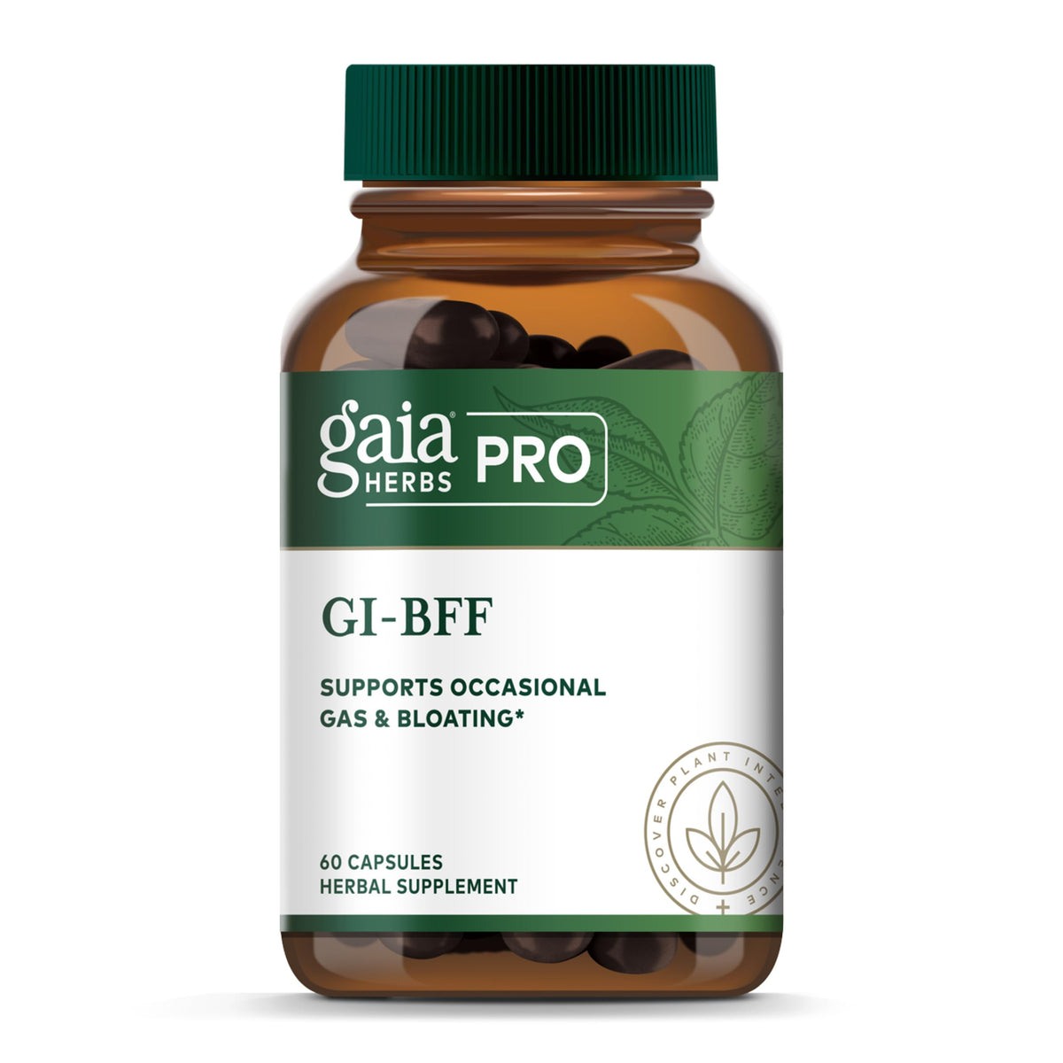 Gaia Herbs PRO GI-BFF, bote frontal para apoyar la comodidad digestiva diaria.