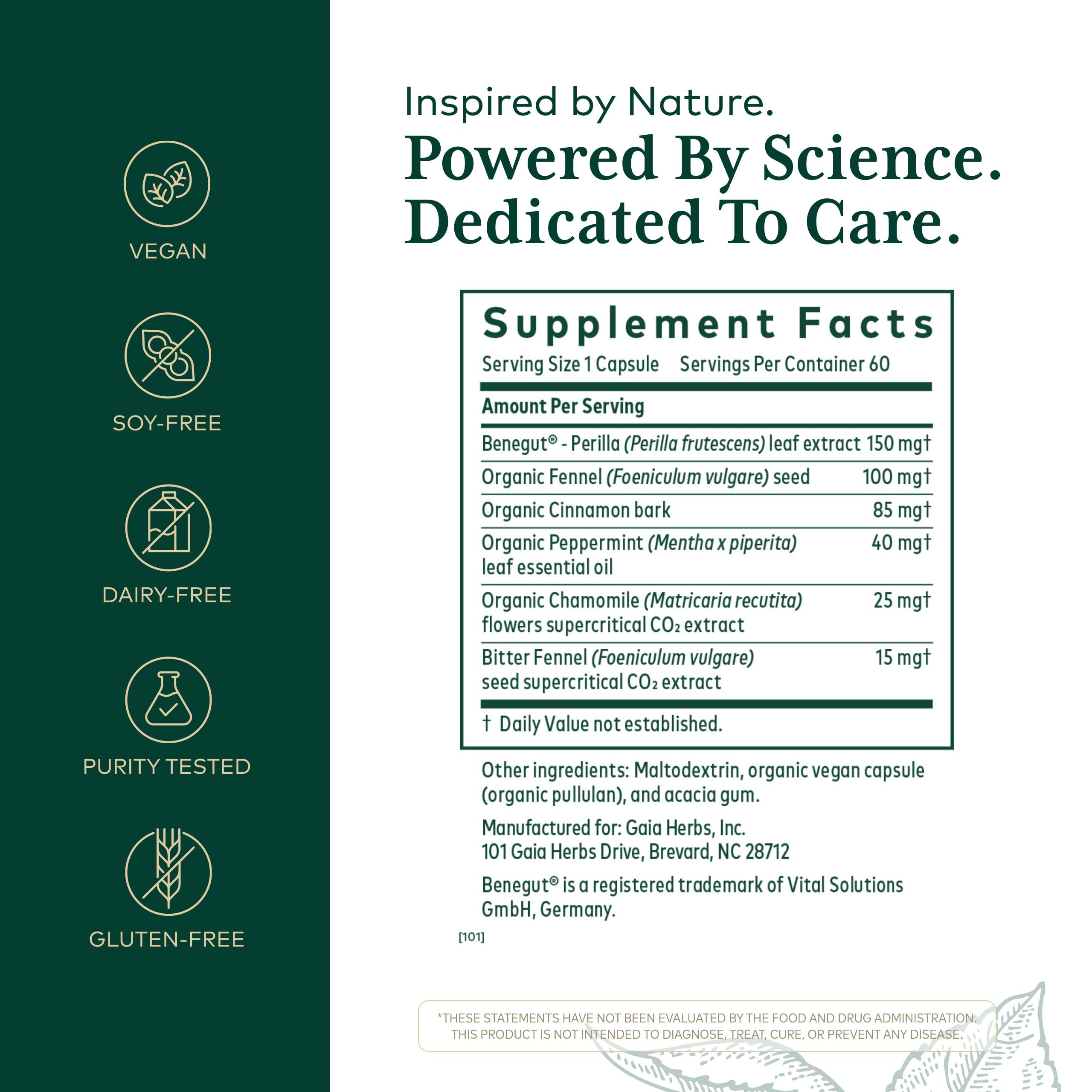 Gaia Herbs PRO GI-BFF, etiqueta cercana para identificar el ingrediente activo y uso.