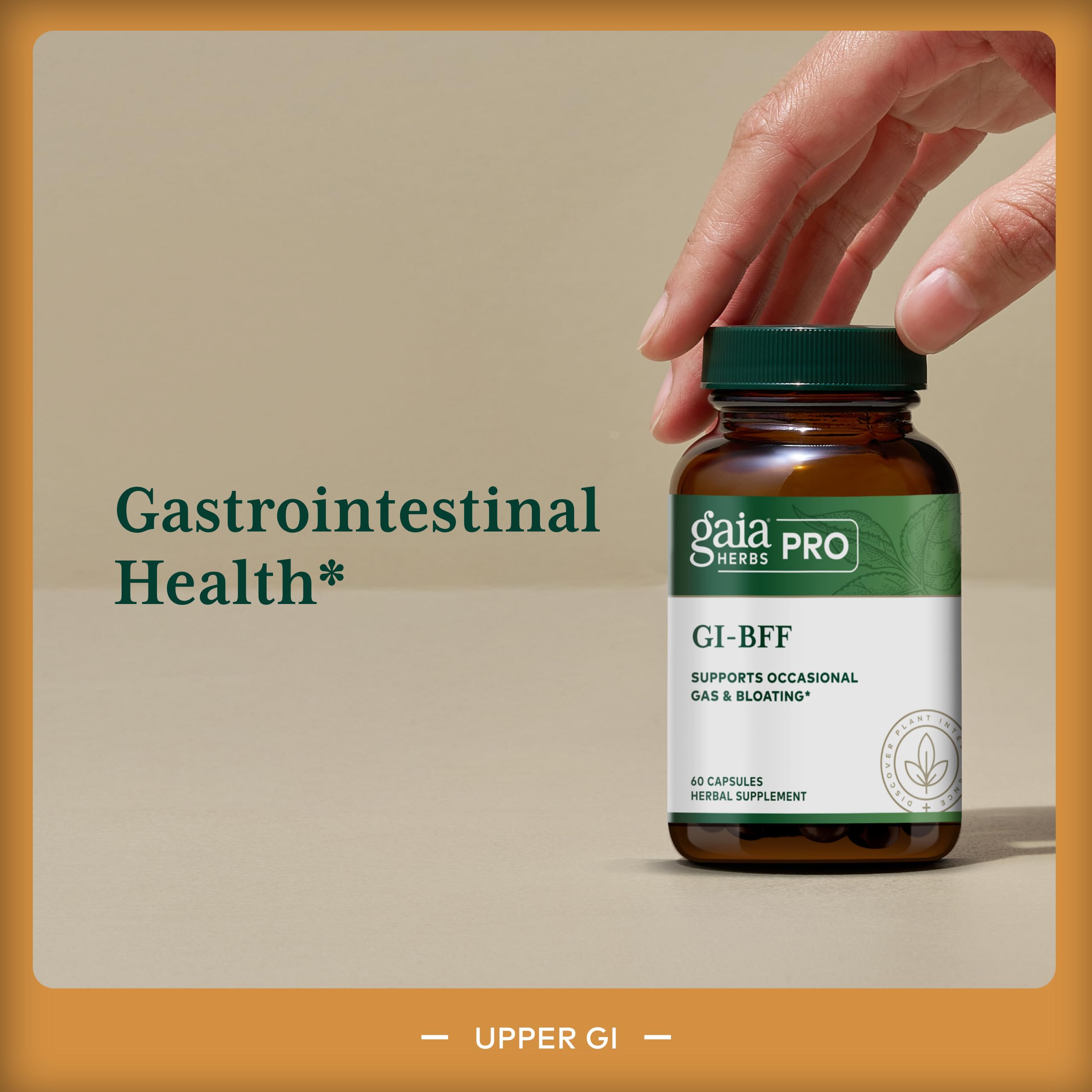 Gaia Herbs PRO GI-BFF, hinojo orgánico visible, asociado al apoyo digestivo y sabor suave.
