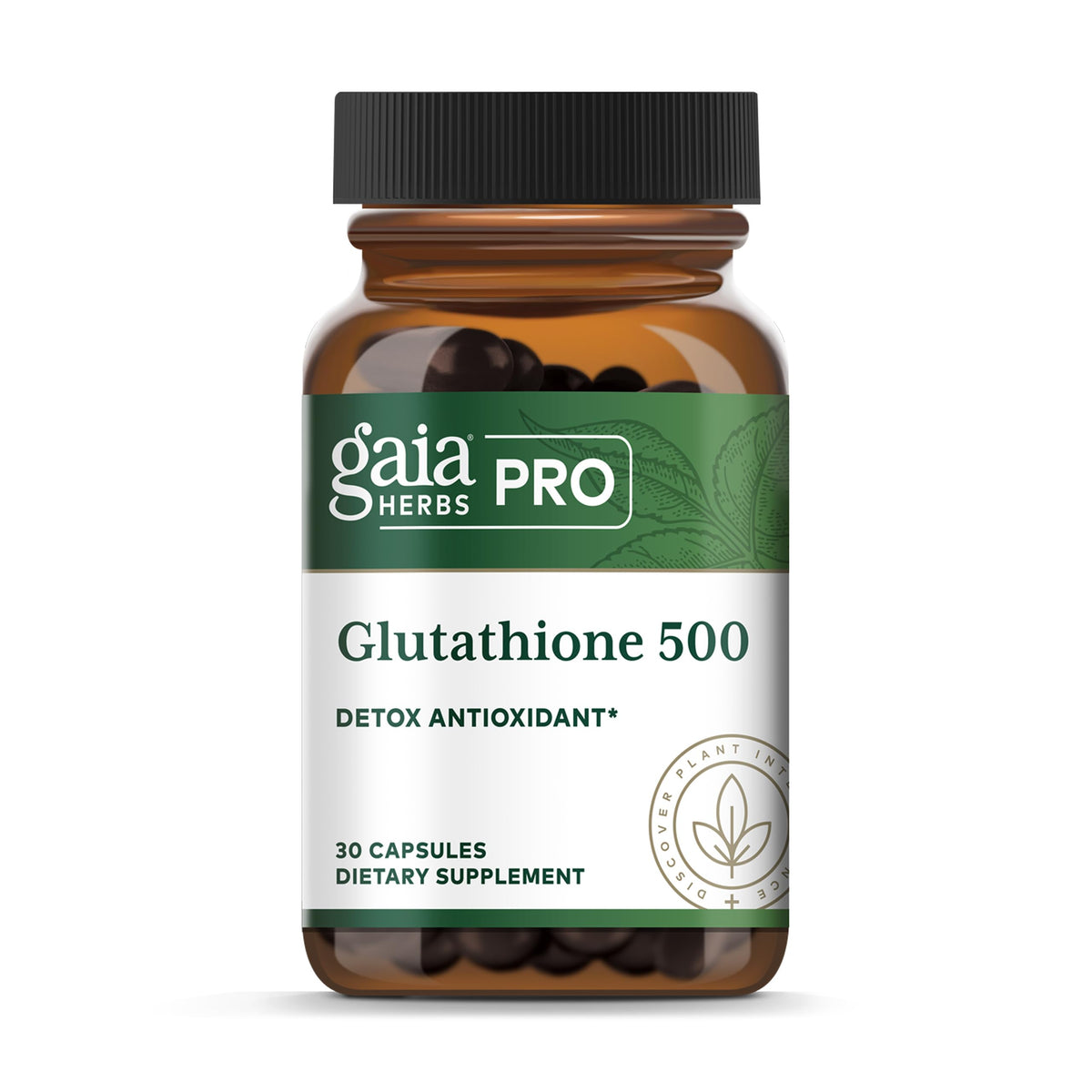 Gaia Herbs PRO Glutatión 500, vista frontal de la botella, posible apoyo a la salud celular