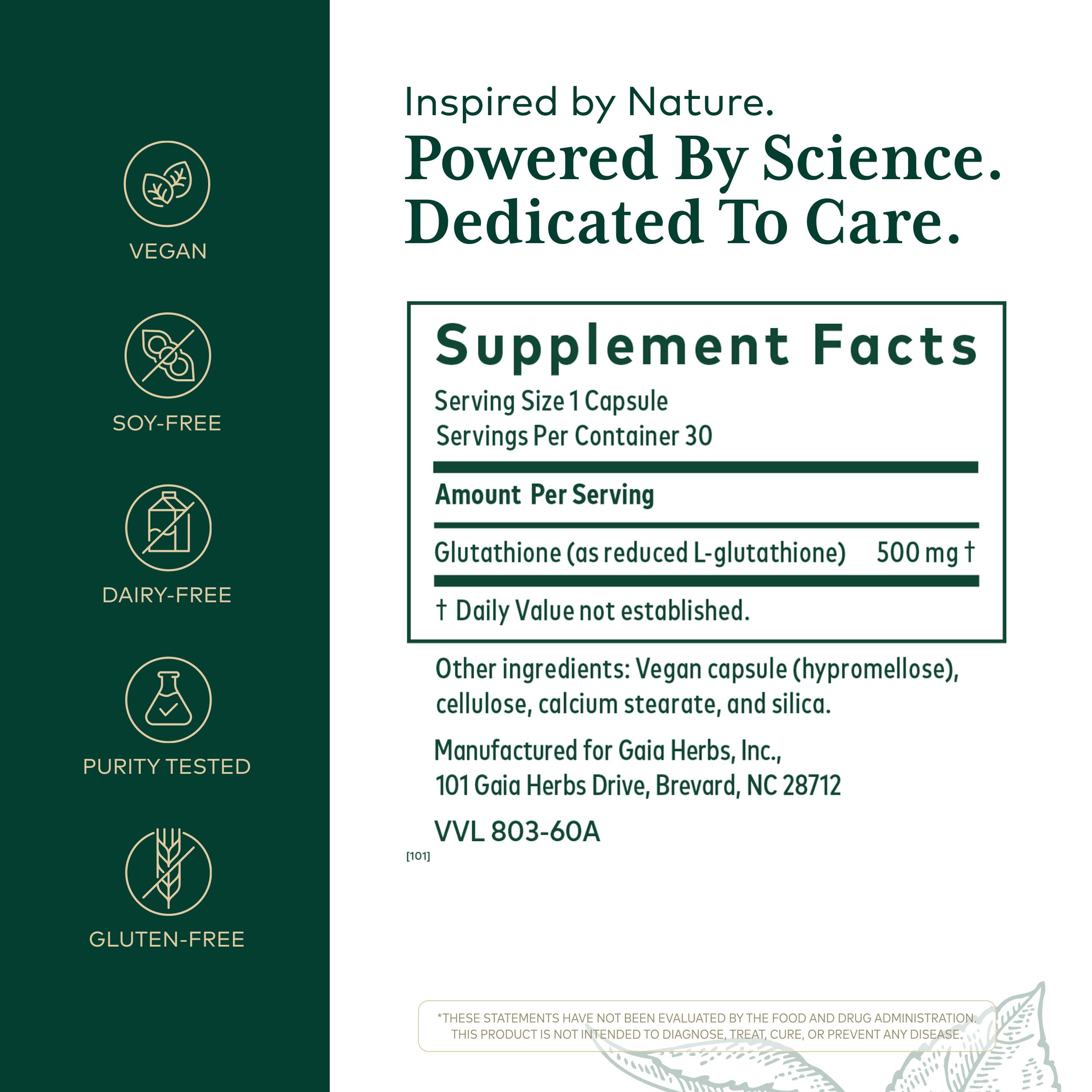 Gaia Herbs PRO Glutatión 500, etiqueta con dosis de 500 mg, claridad de información