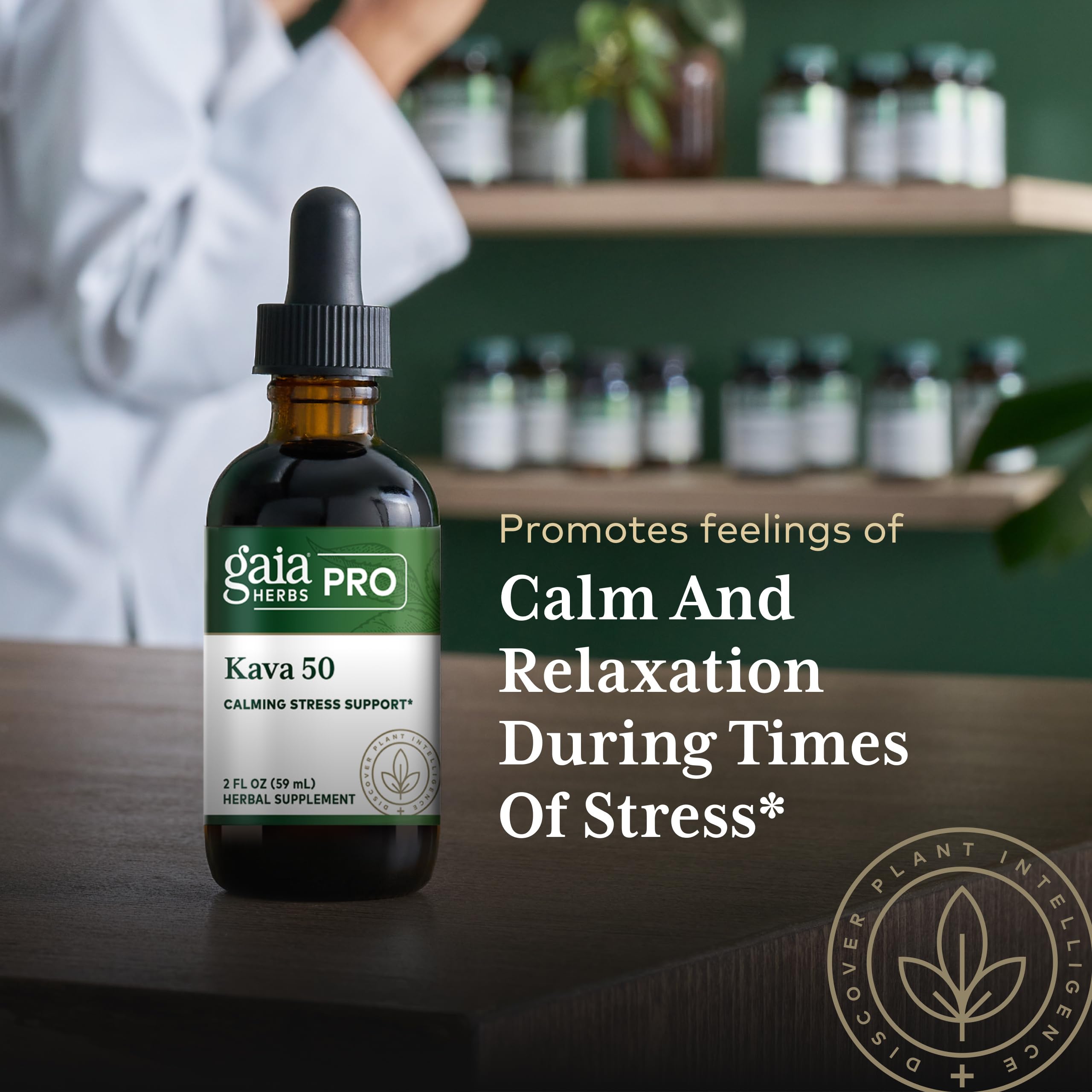 Visual de kavalactonas en Gaia Herbs PRO Kava 50 para relajación.