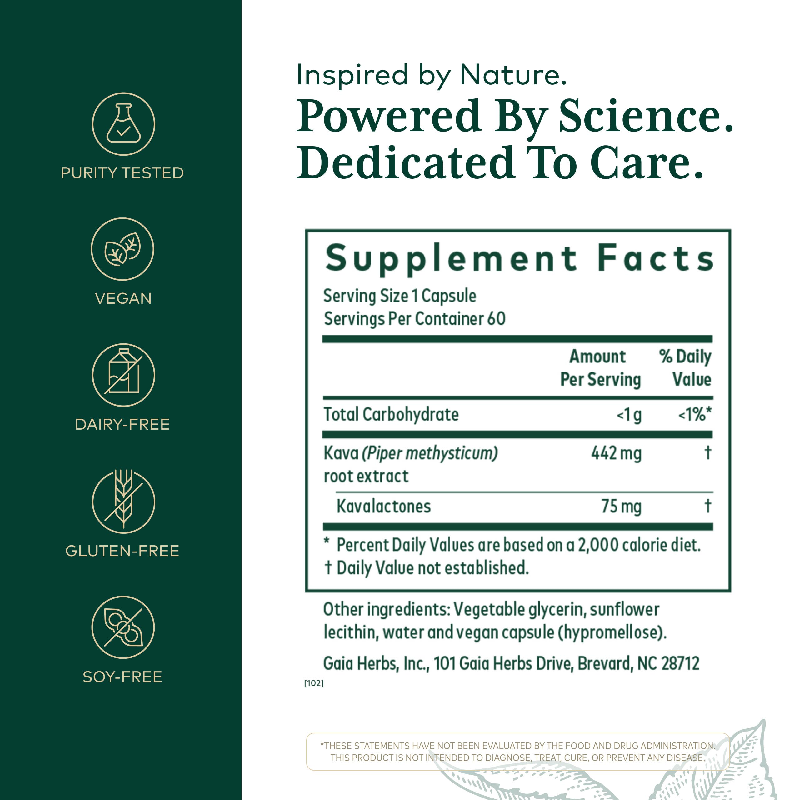 Cápsulas GAIA HERBS PRO Kava 75, apoyo suave para relajación.