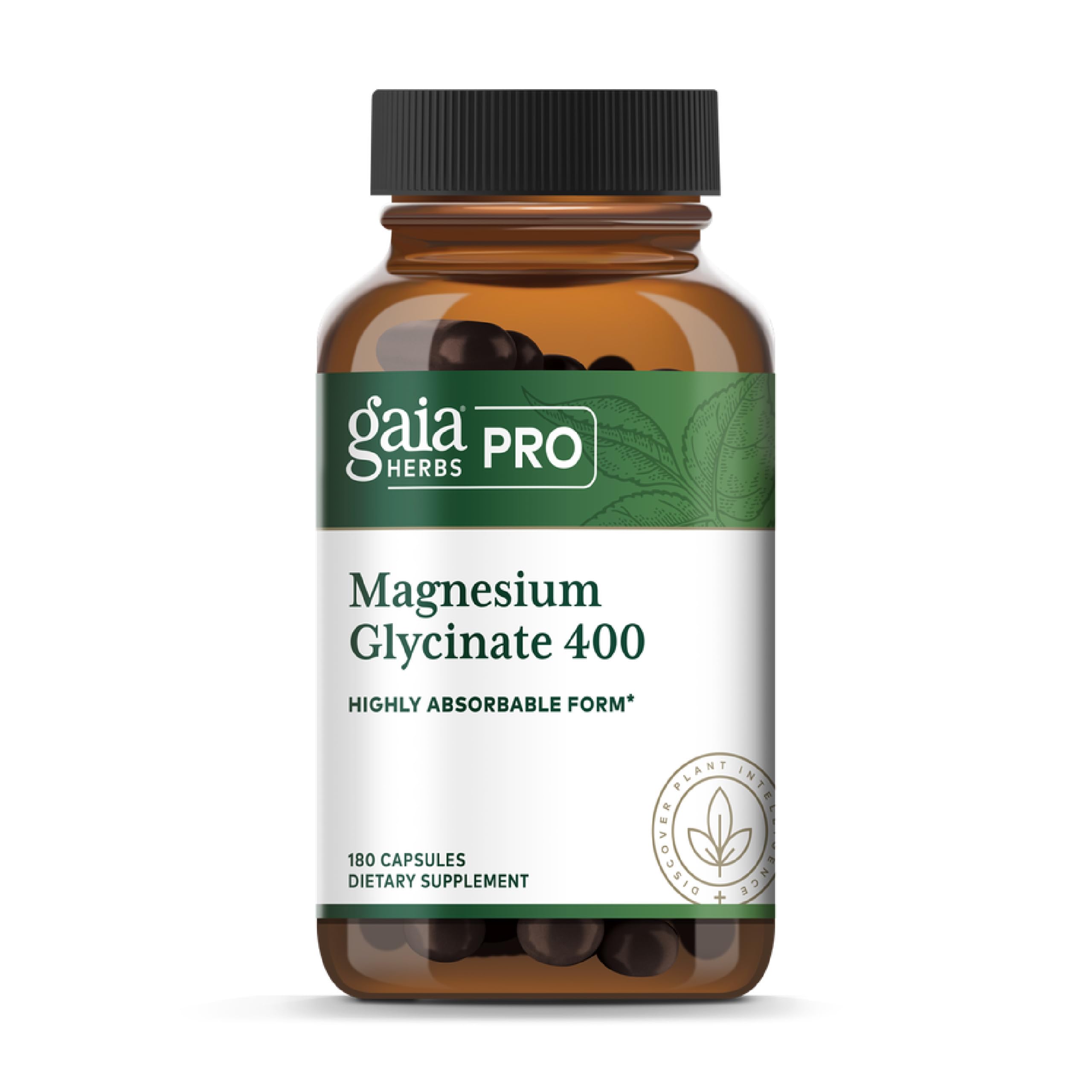 Gaia Herbs PRO Magnesium Glycinate 400mg en botella, apoyo a la relajación diaria.