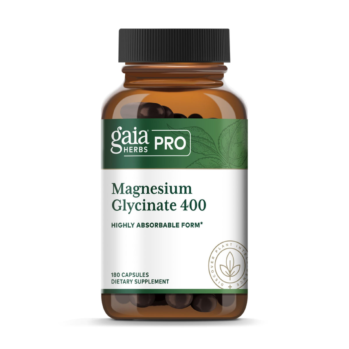 Gaia Herbs PRO Magnesium Glycinate 400mg en botella, apoyo a la relajación diaria.