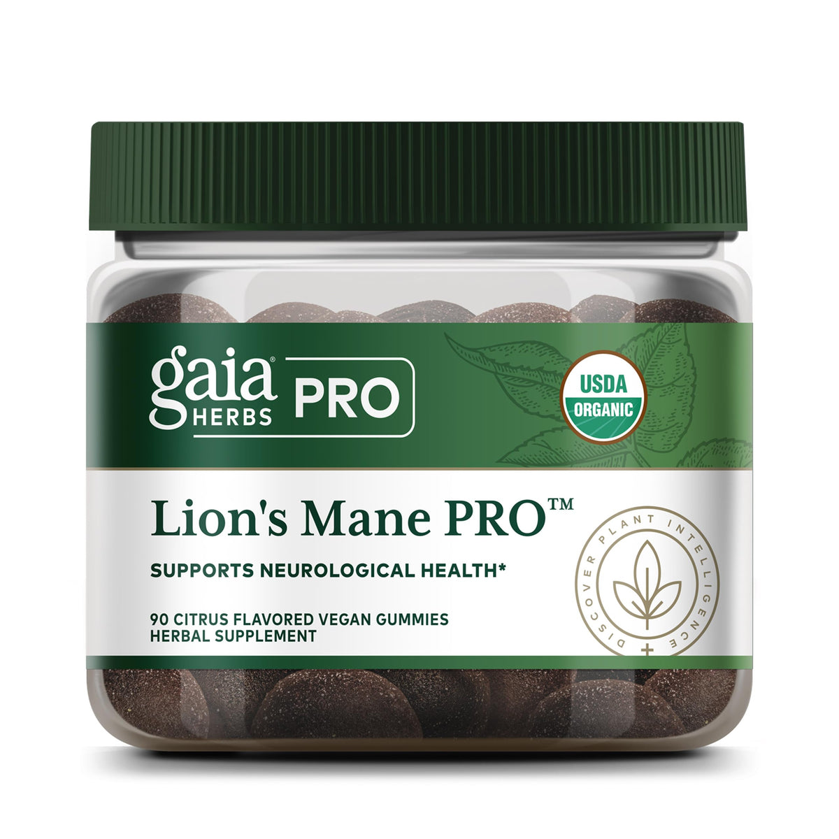 GAIA HERBS PRO Melena de León Gummies envase frontal; puede apoyar la concentración.