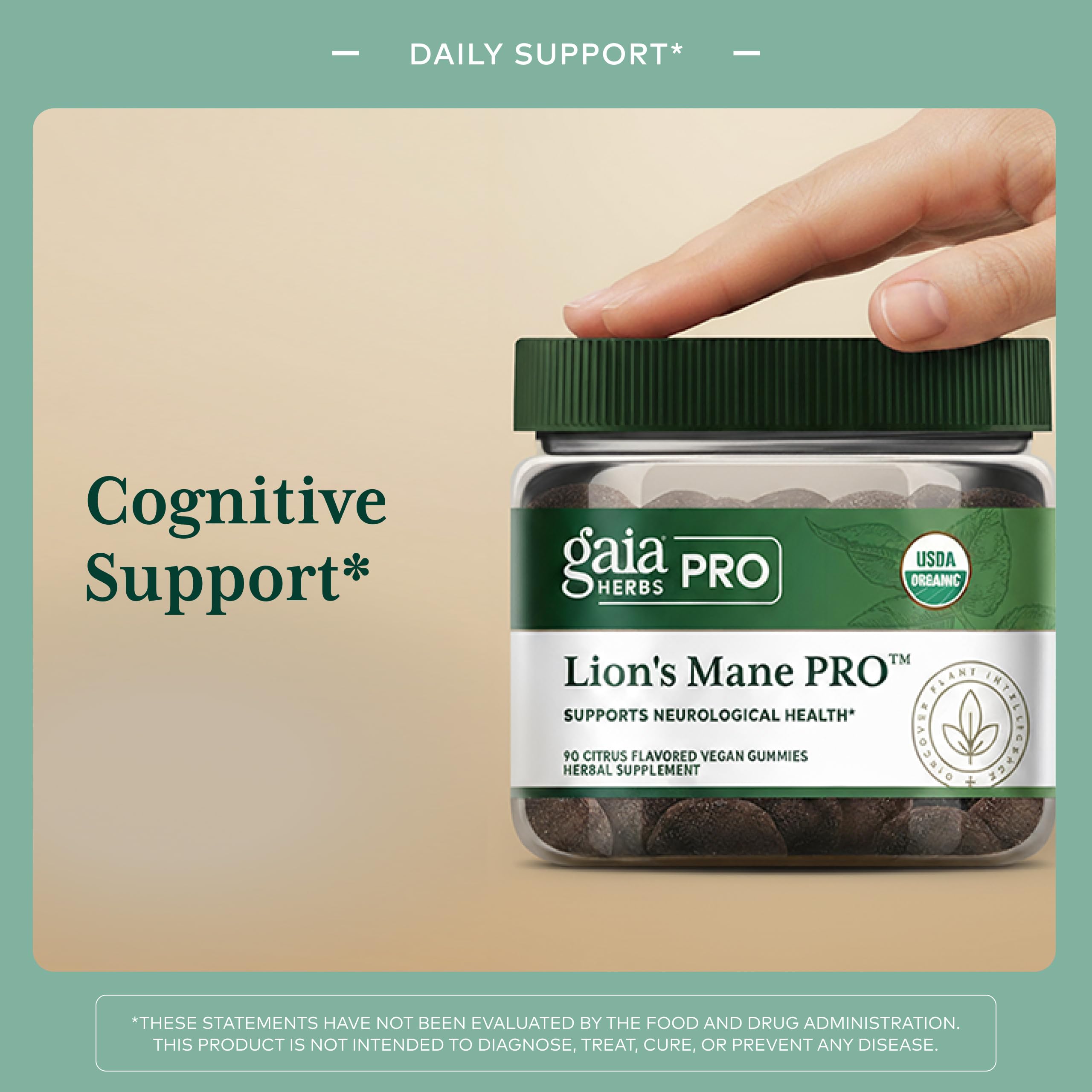 GAIA HERBS PRO Melena de León Gummies gomitas en primer plano; sabor agradable para tomar cada día.